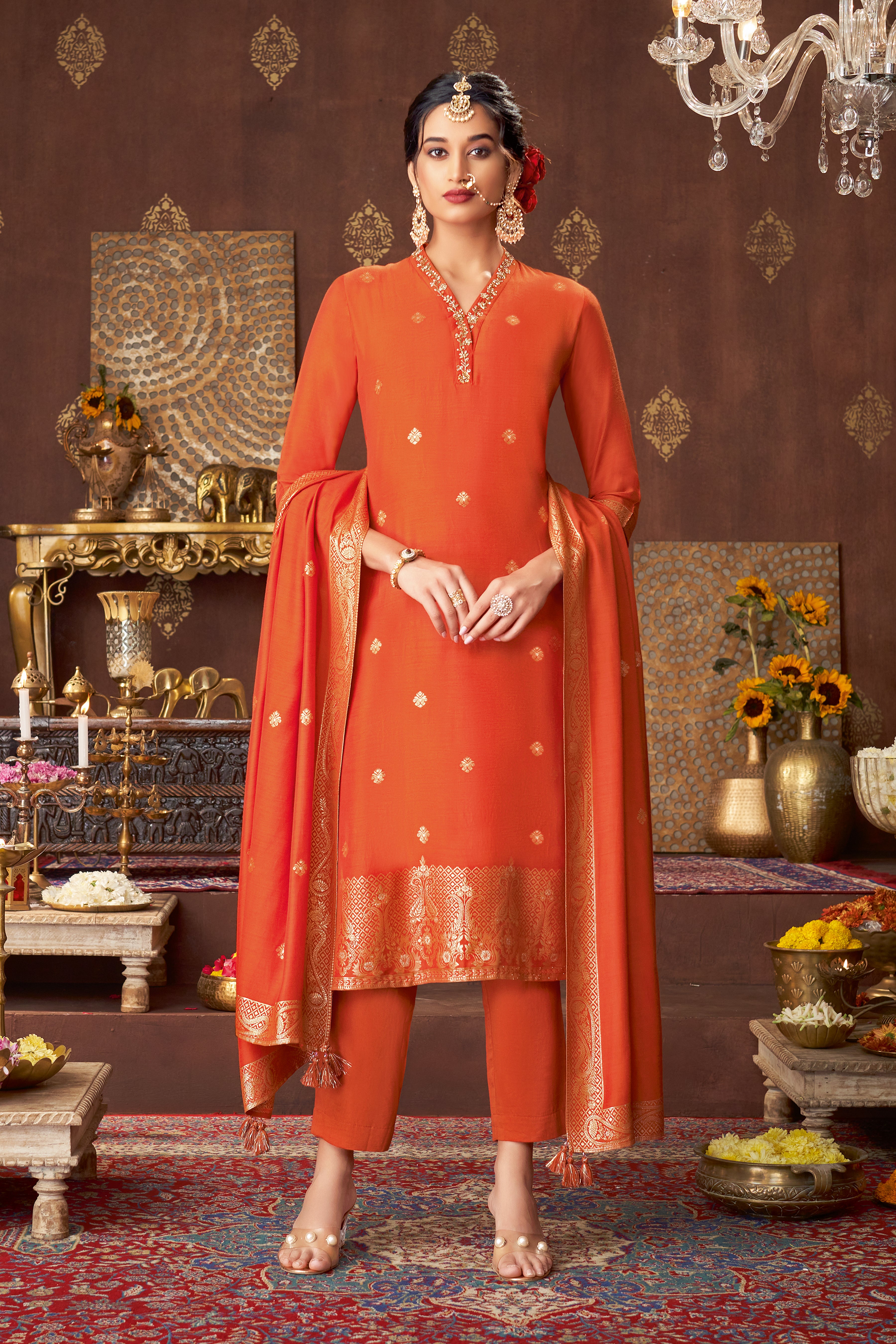Orange Brocade Silk Kurta Pants Set