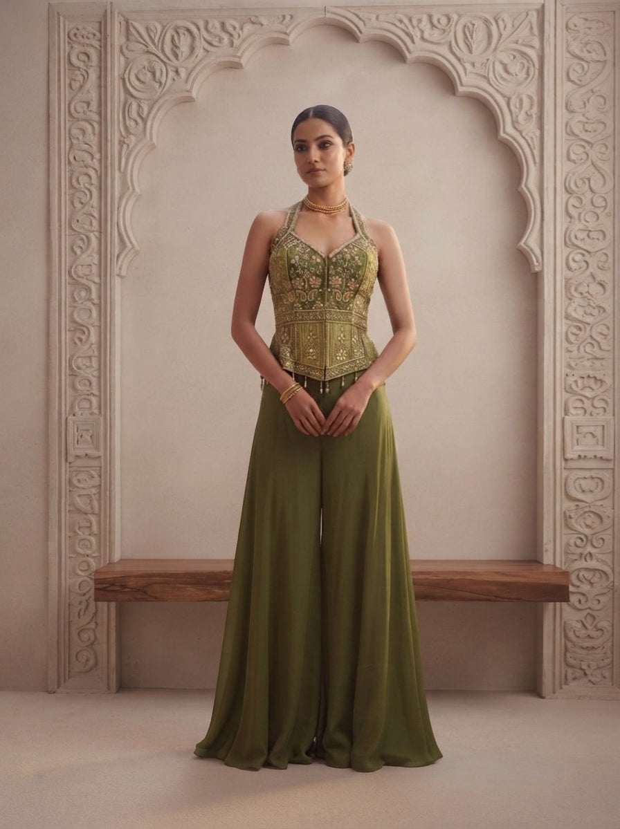 Moss Green Embellished Georgette Silk Palazzo Set
