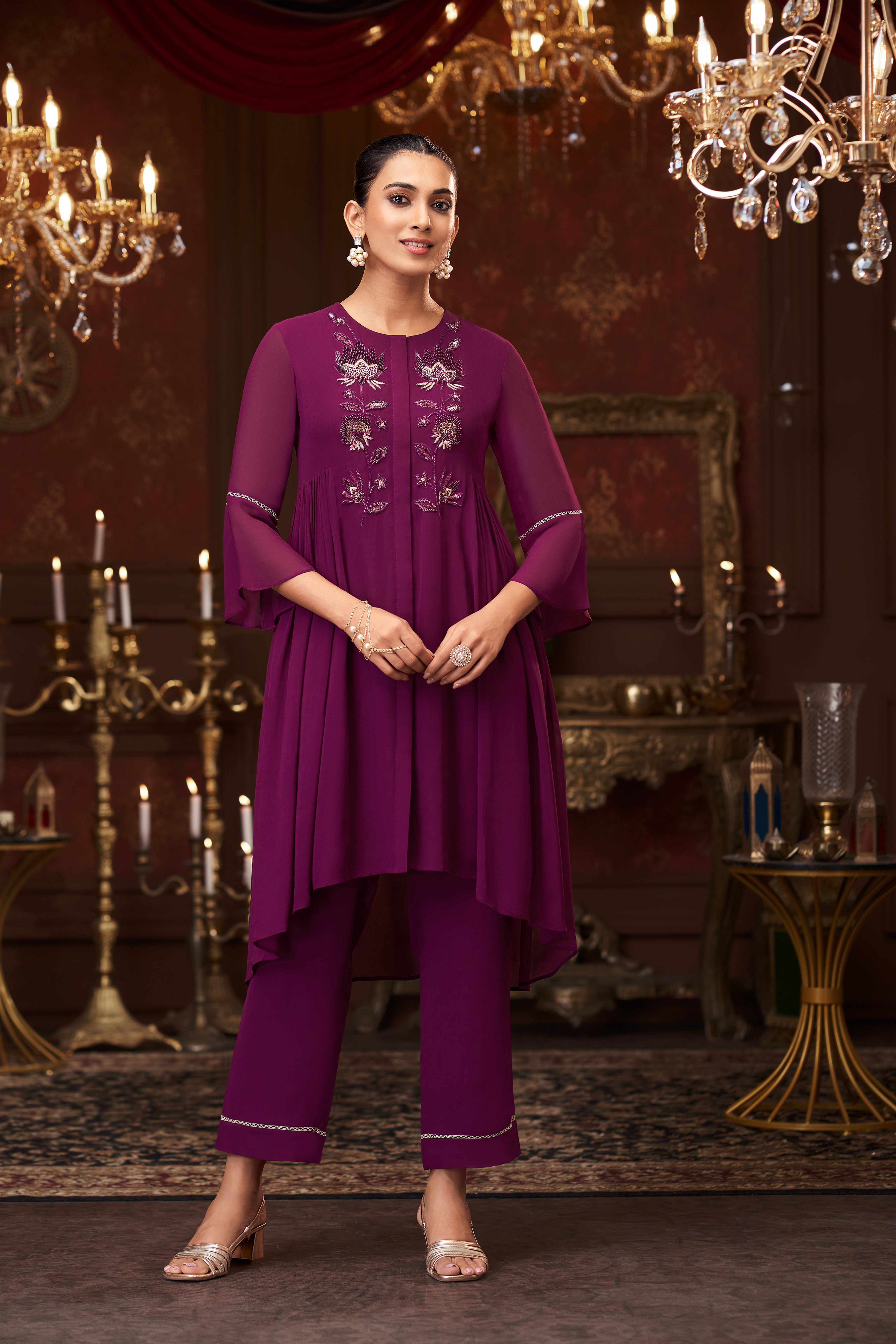 Deep Fuchsia Embellished Georgette Silk Kurta Set
