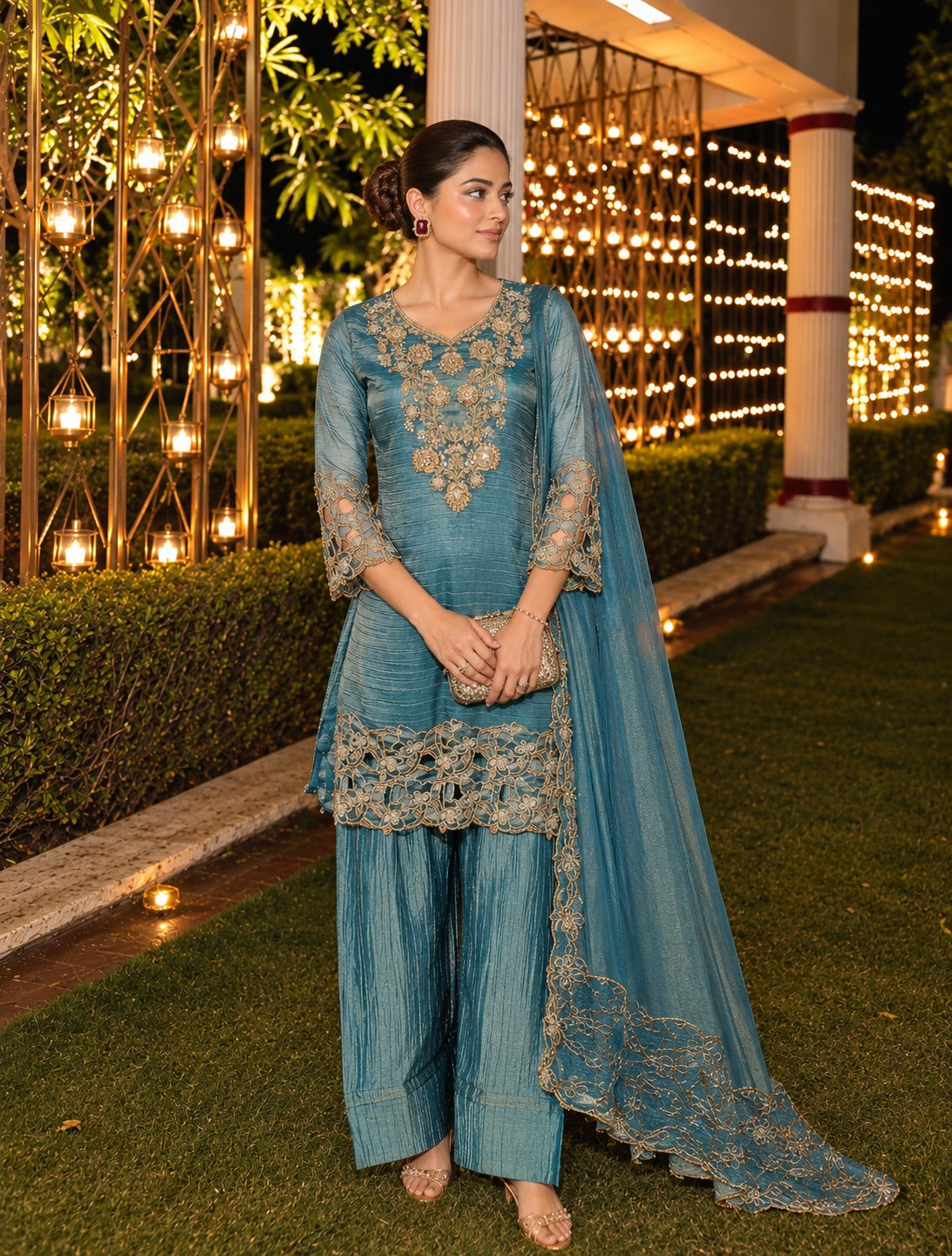 Ocean Blue Embellished Shimmer Tissue Silk Pant Set