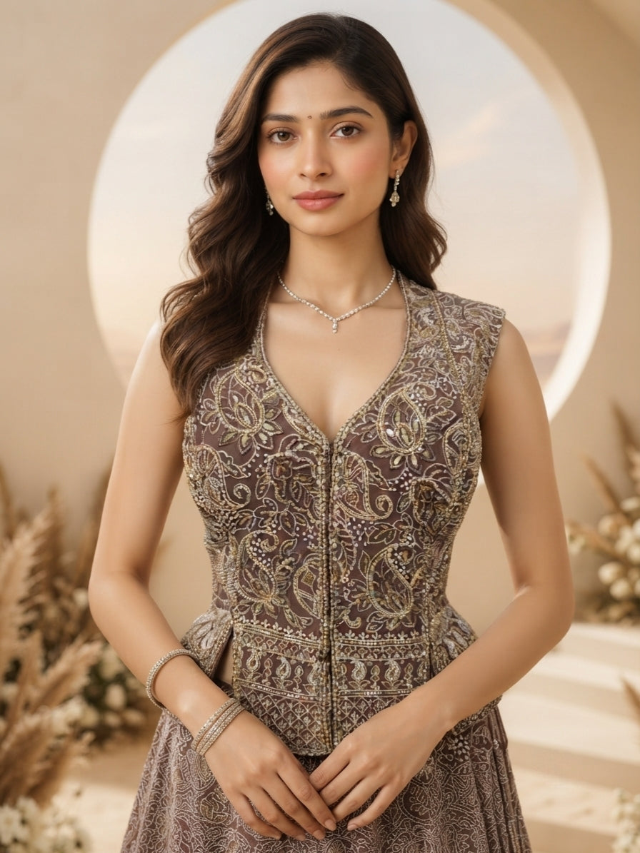 Dusty Mauve Embellished Premium Silk Skirt Set