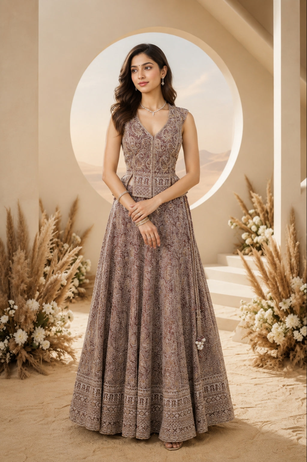Dusty Mauve Embellished Premium Silk Skirt Set