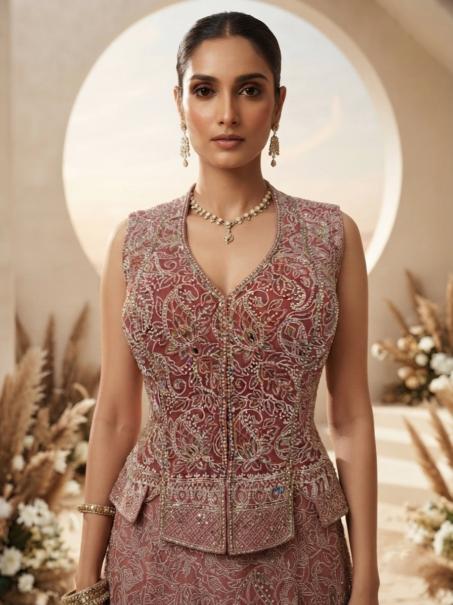 Dusty Red Embellished Premium Silk Skirt Set