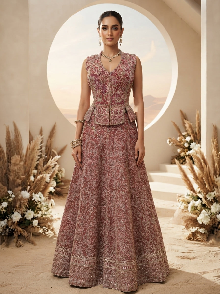 Dusty Red Embellished Premium Silk Skirt Set
