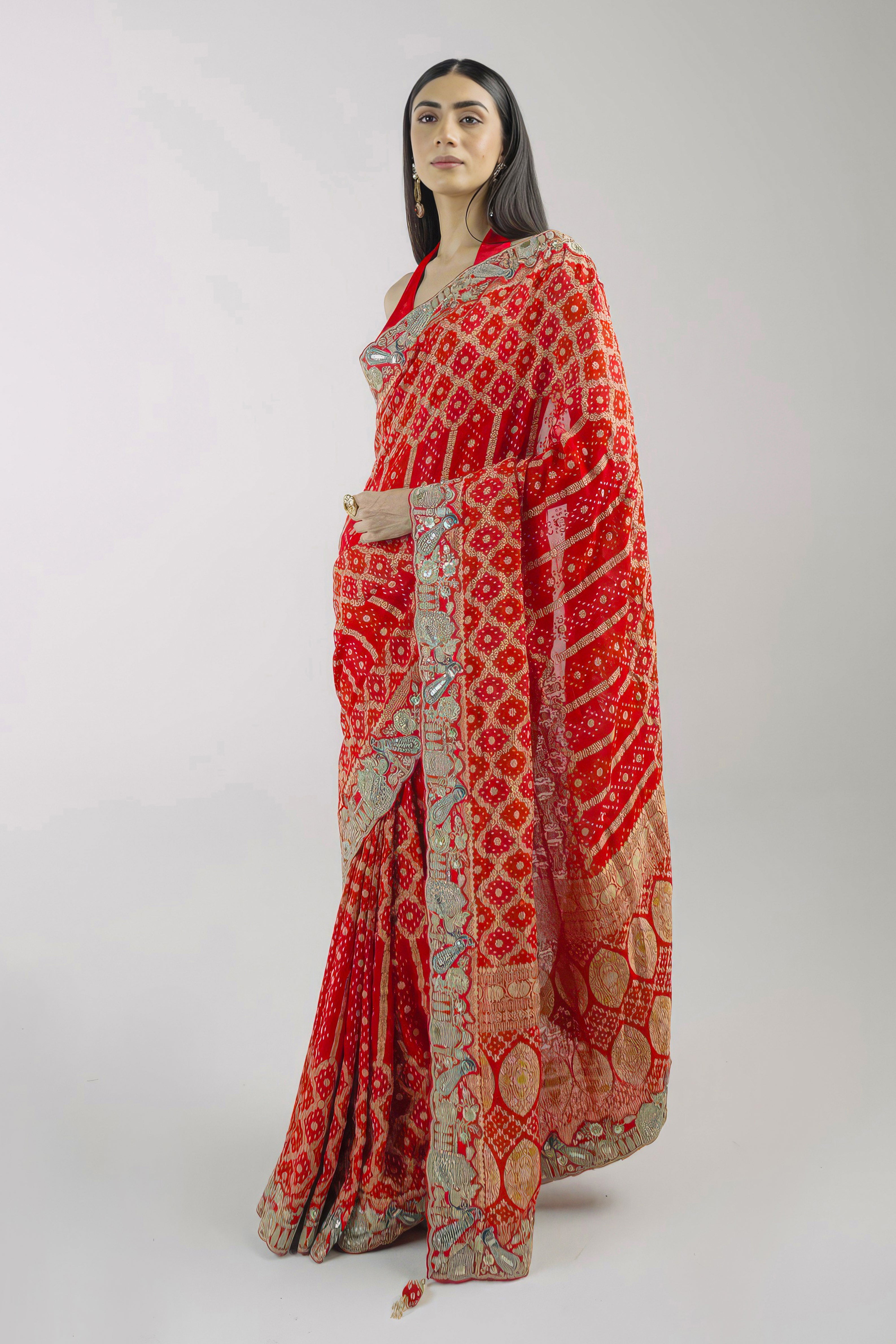 Bright Red Embellished Banarasi Silk Saree