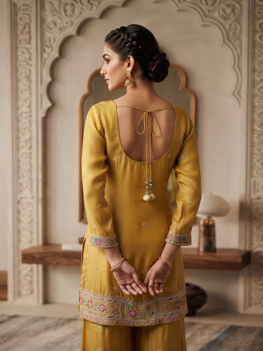 Mustard Yellow Embellished Premium Silk Palazzo Set