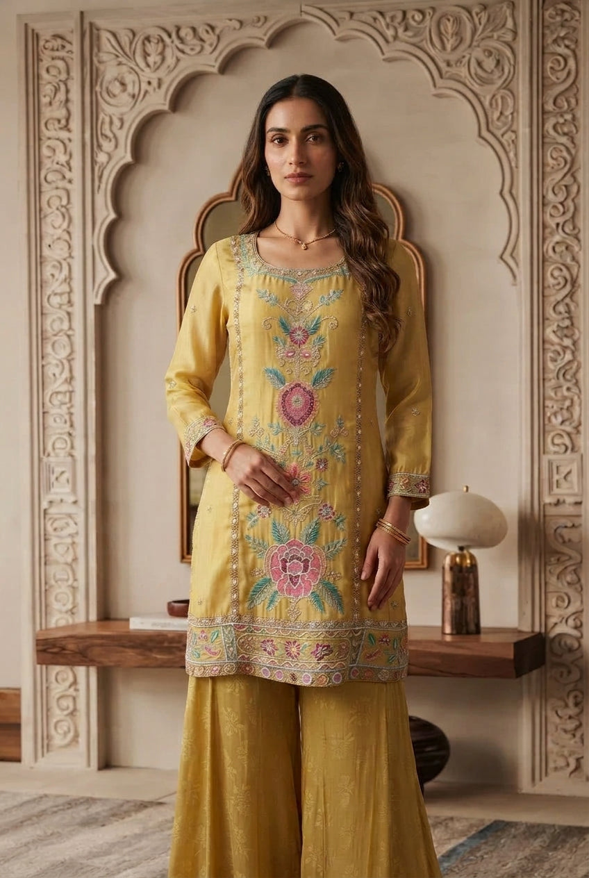 Mustard Yellow Embellished Premium Silk Palazzo Set