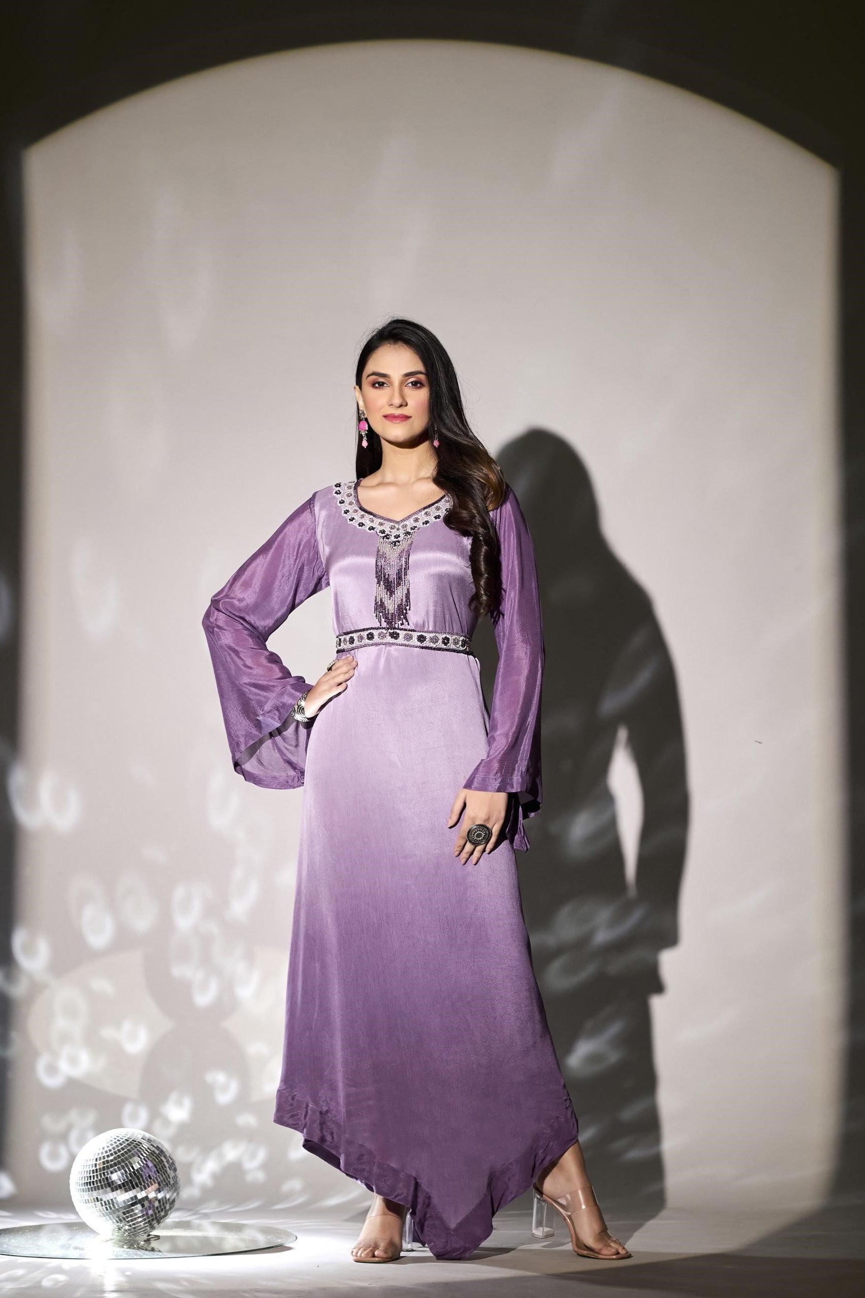 Pastel Purple Embellished Premium Chinon Silk Gown