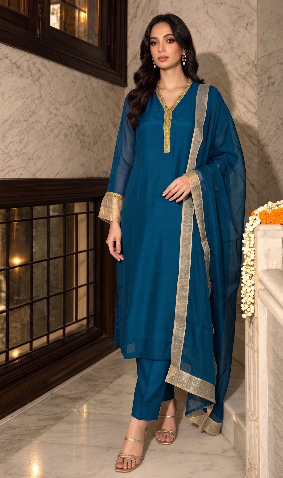 Lagoon Blue Embroidered Crepe Silk Pant Set
