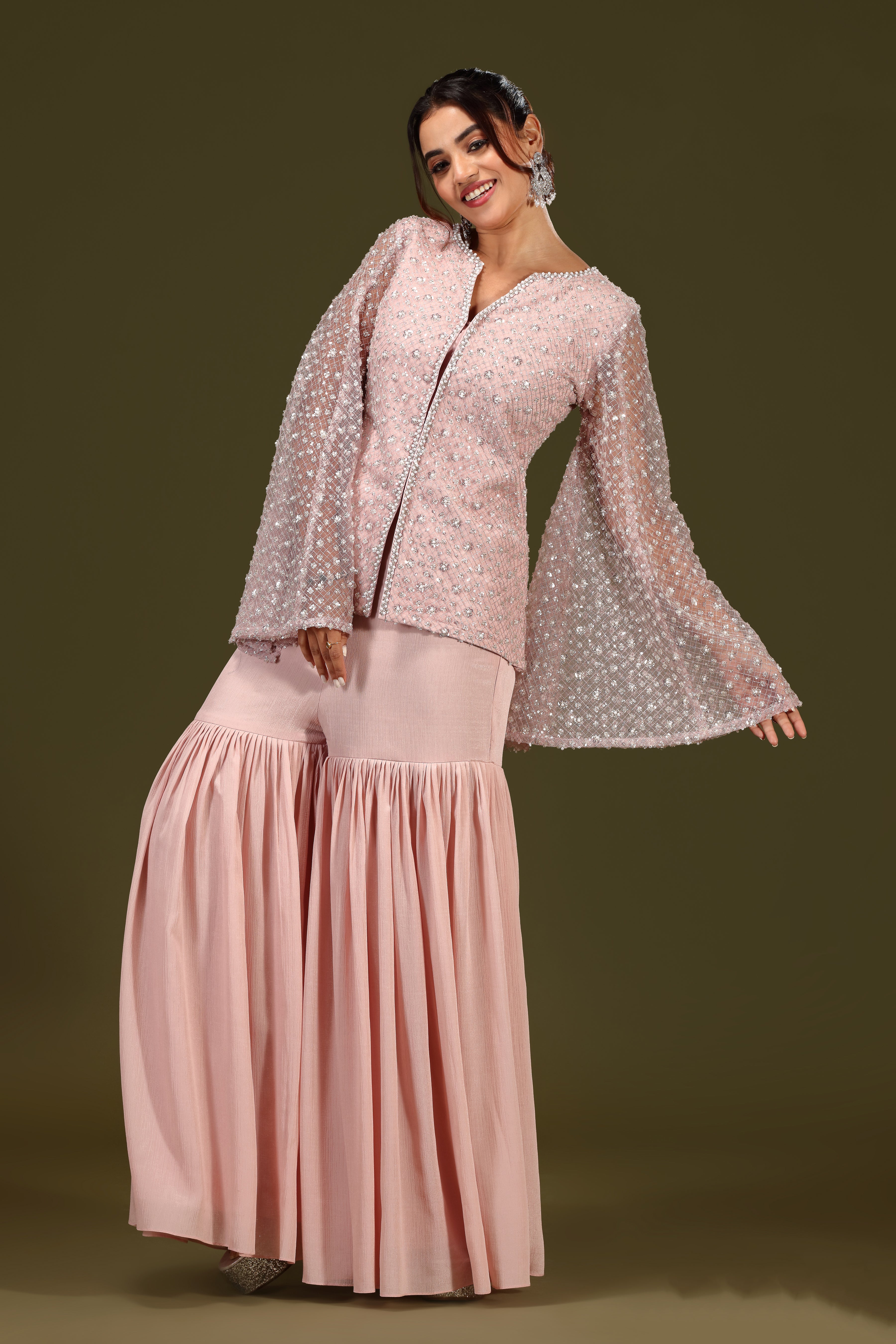 Spanish Pink Embellished Premium Silk Jacket & Sharara Set