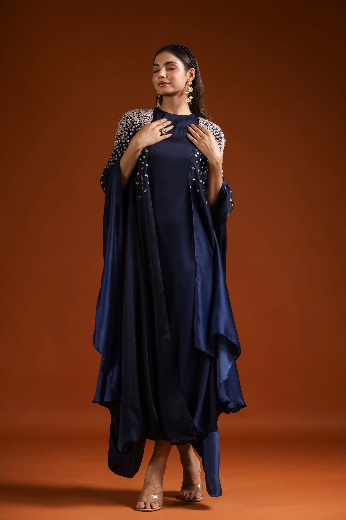 Navy Blue Embellished Draped Gown
