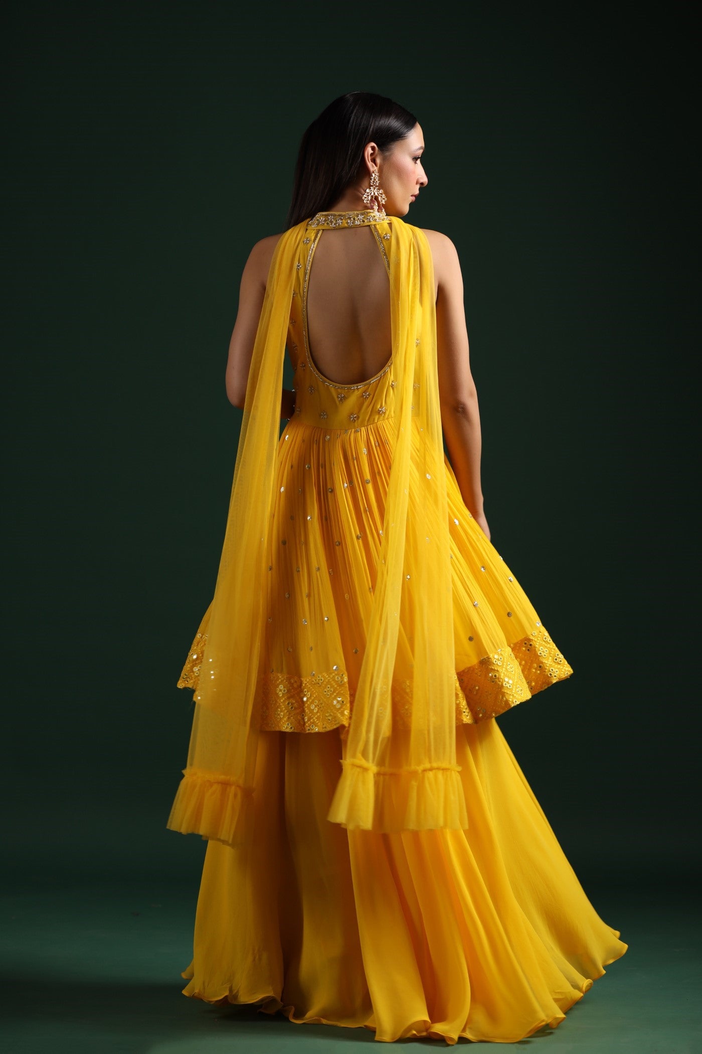 Festive Yellow Mirror Embroidered Peplum Set