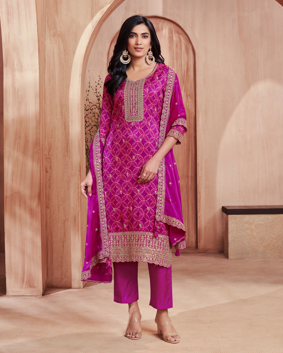 Plum Regal Embellished Dola Silk Pant Set