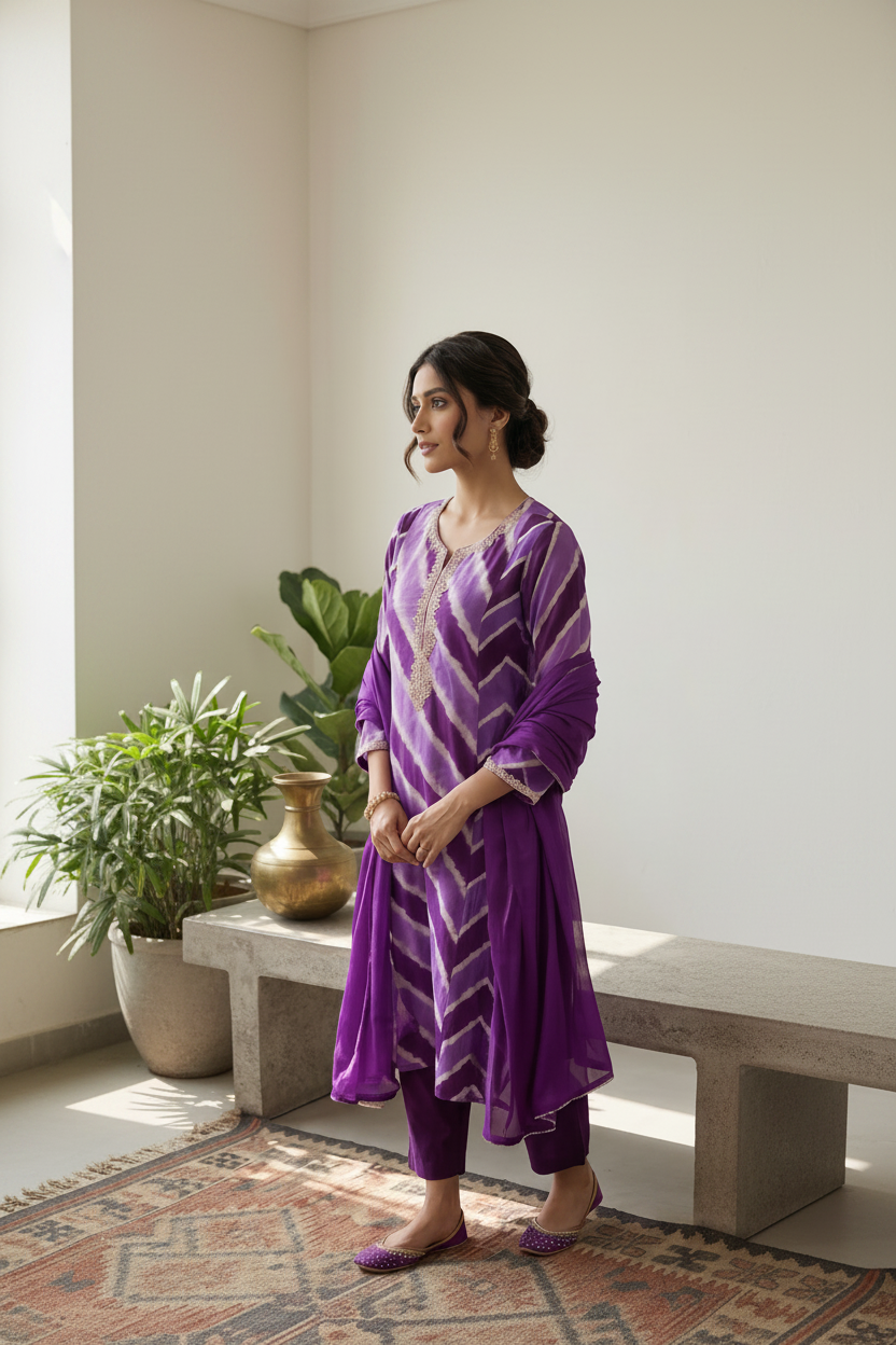 Purple Leheriya Embroidered Suit Set