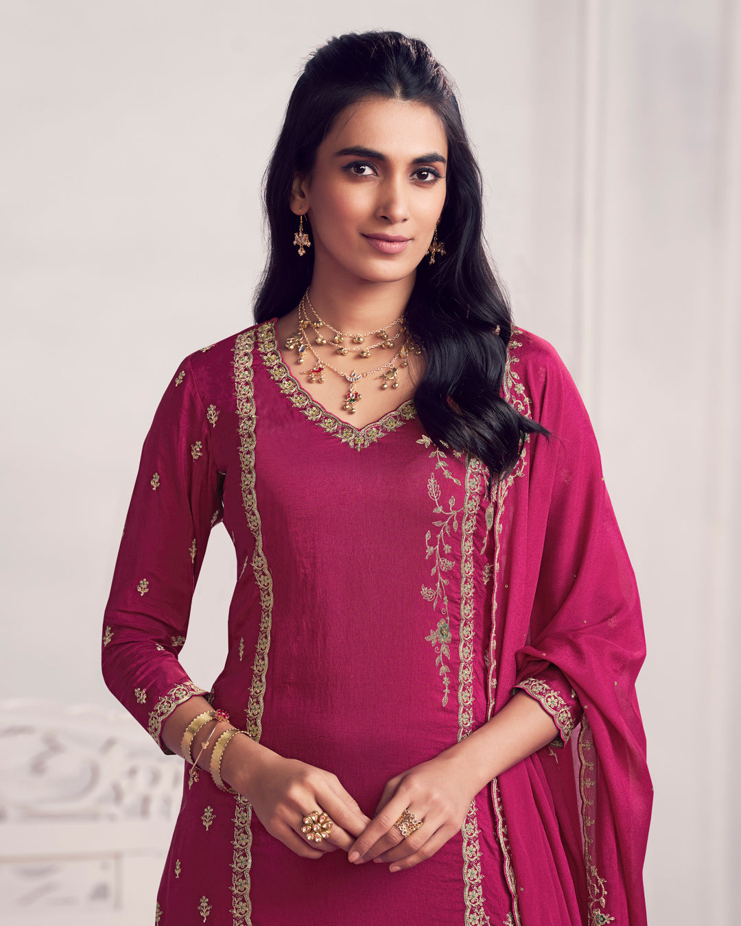 Ruby Charm Embellished Dola Silk Pant Set