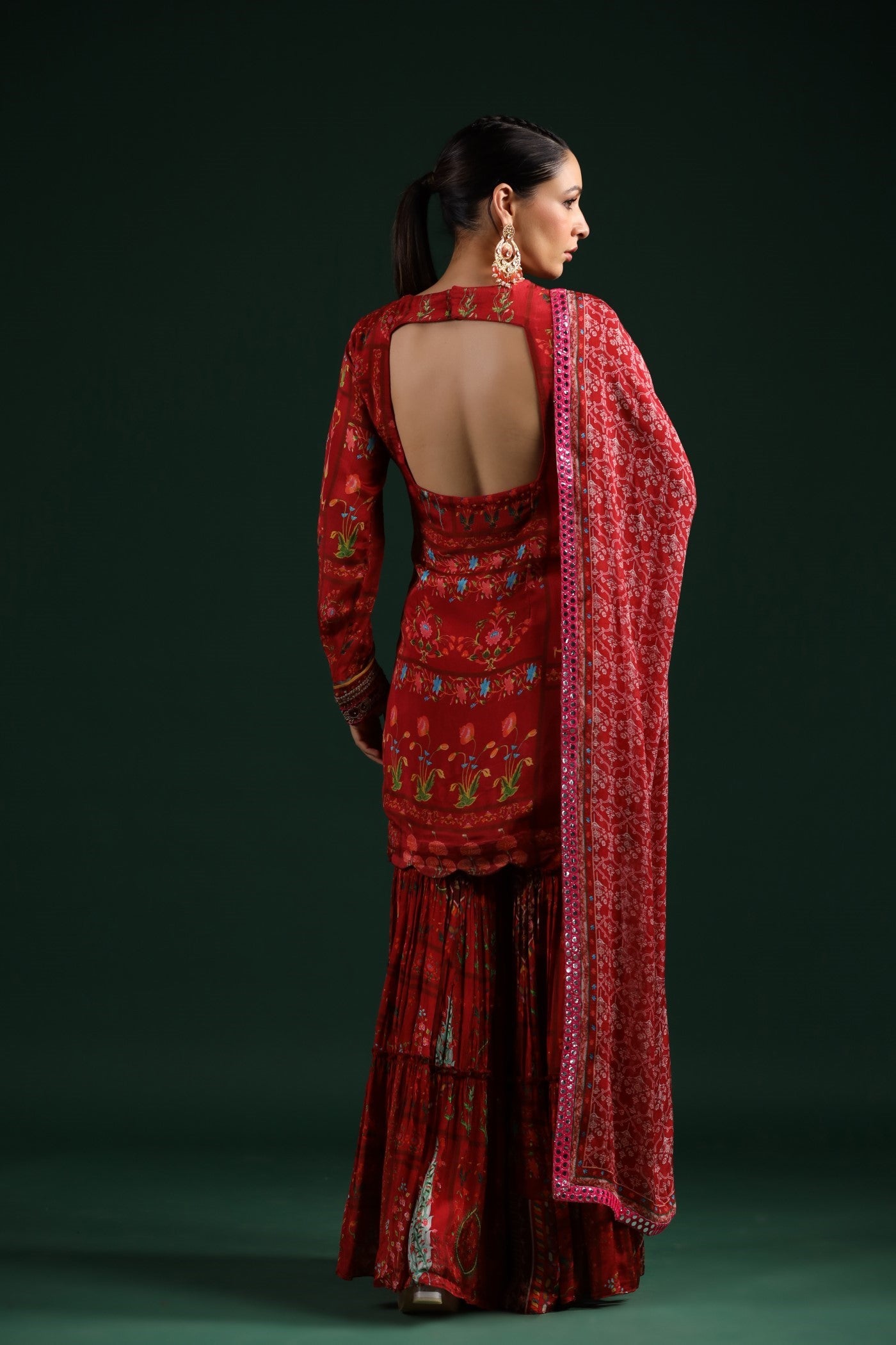 Ruby Red Wrinkled Chinon Silk Printed Sharara Set