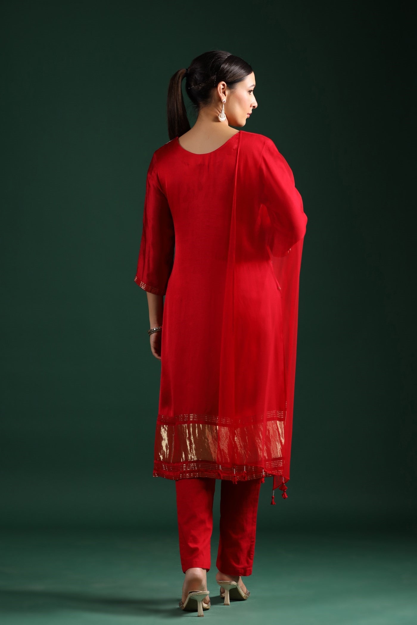 Red Zari Embroidered Gajji Silk Kurta Set