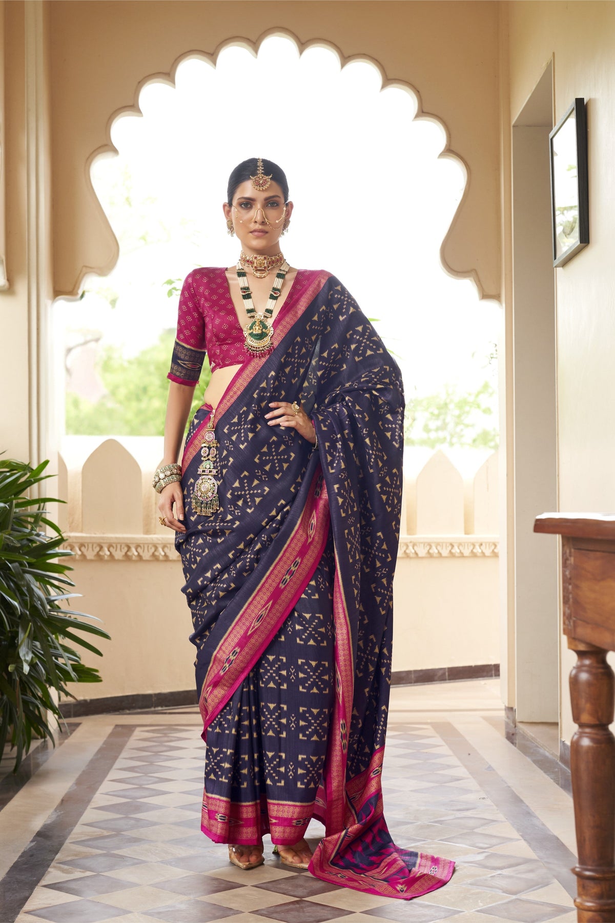 Midnight Navy Blue Printed Premium Silk Saree