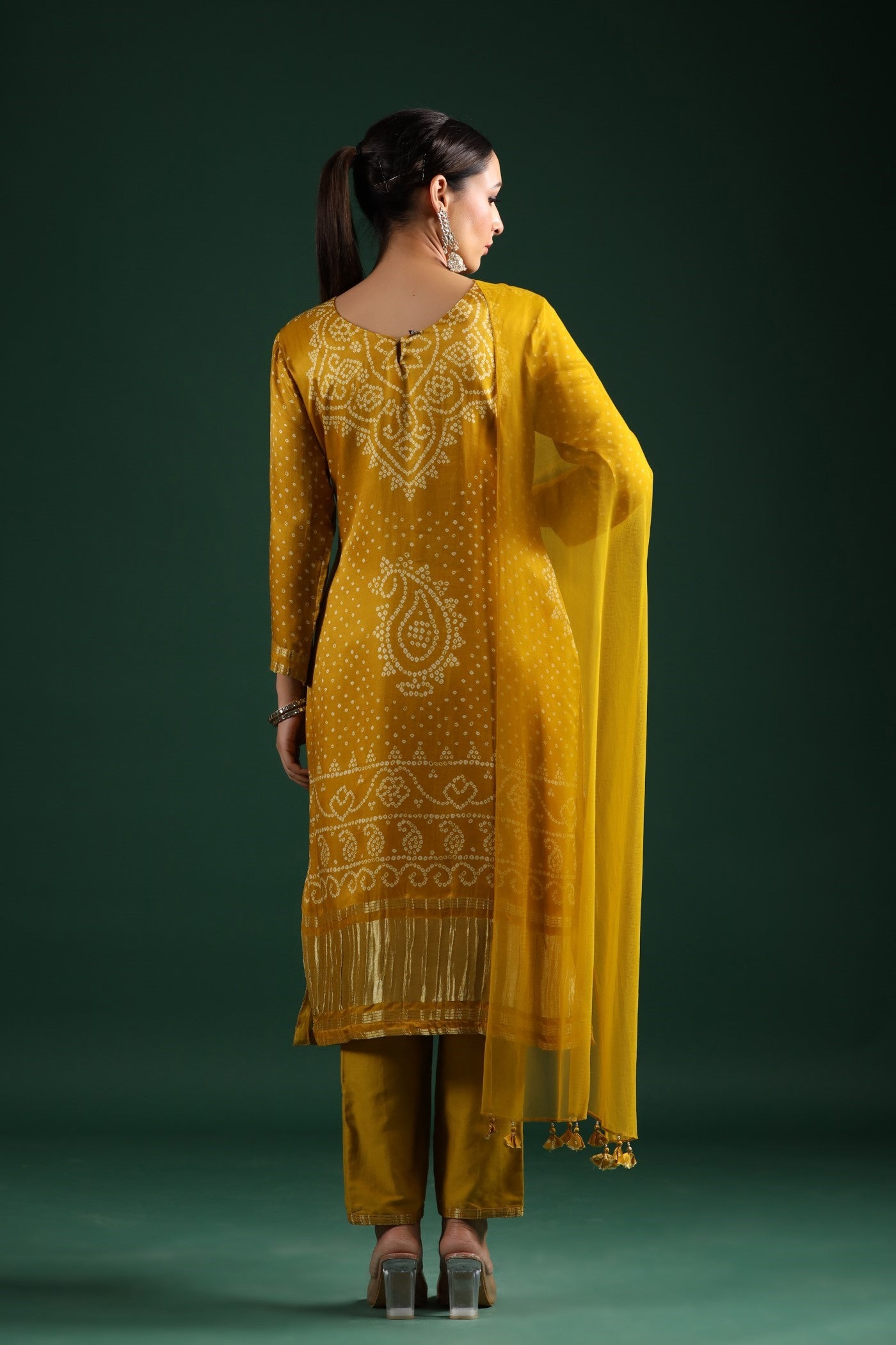 Mustard Bandhej Gajji Silk Kurta Set