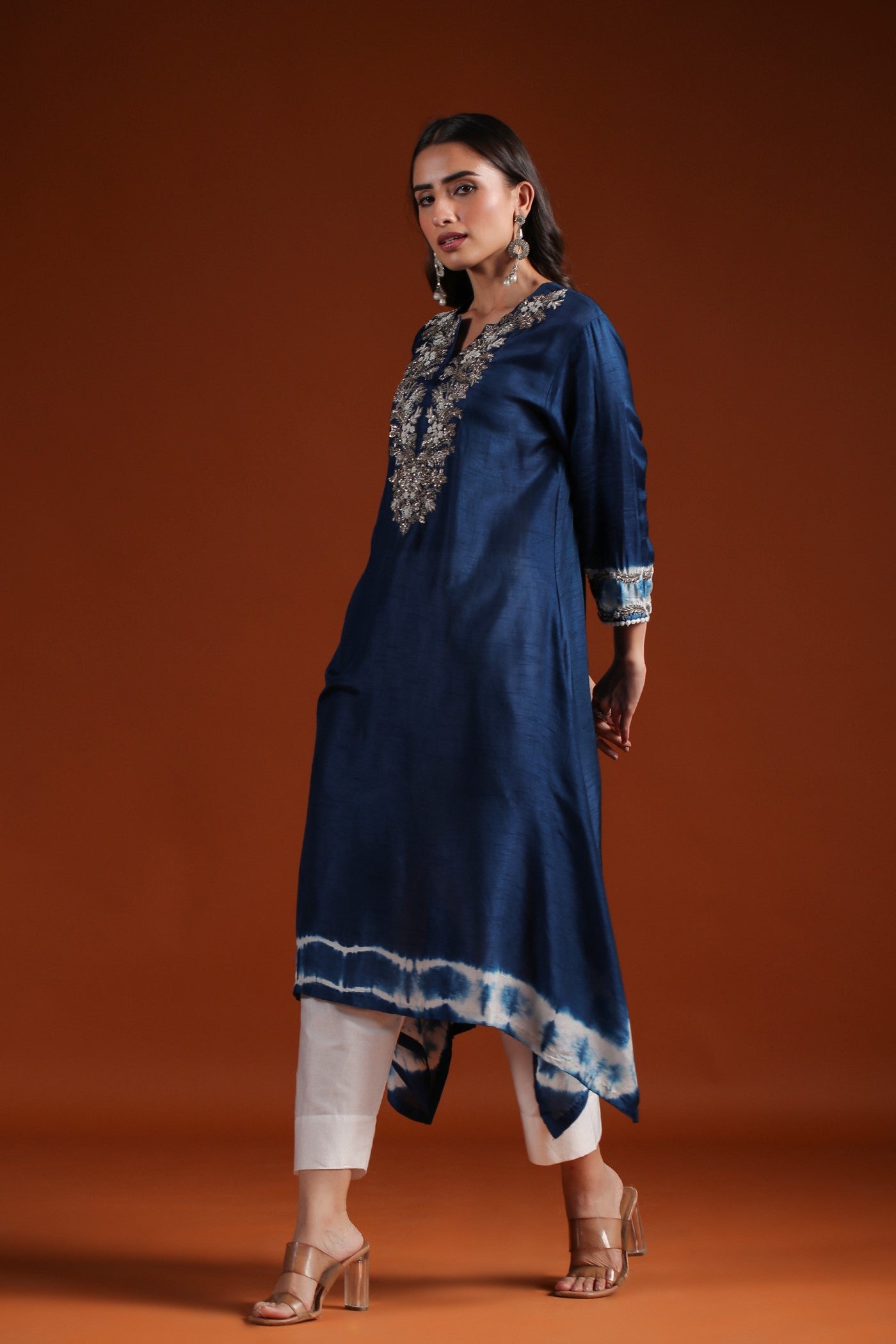 Teal Blue Tie Dyed Embellished Kurta & Pant