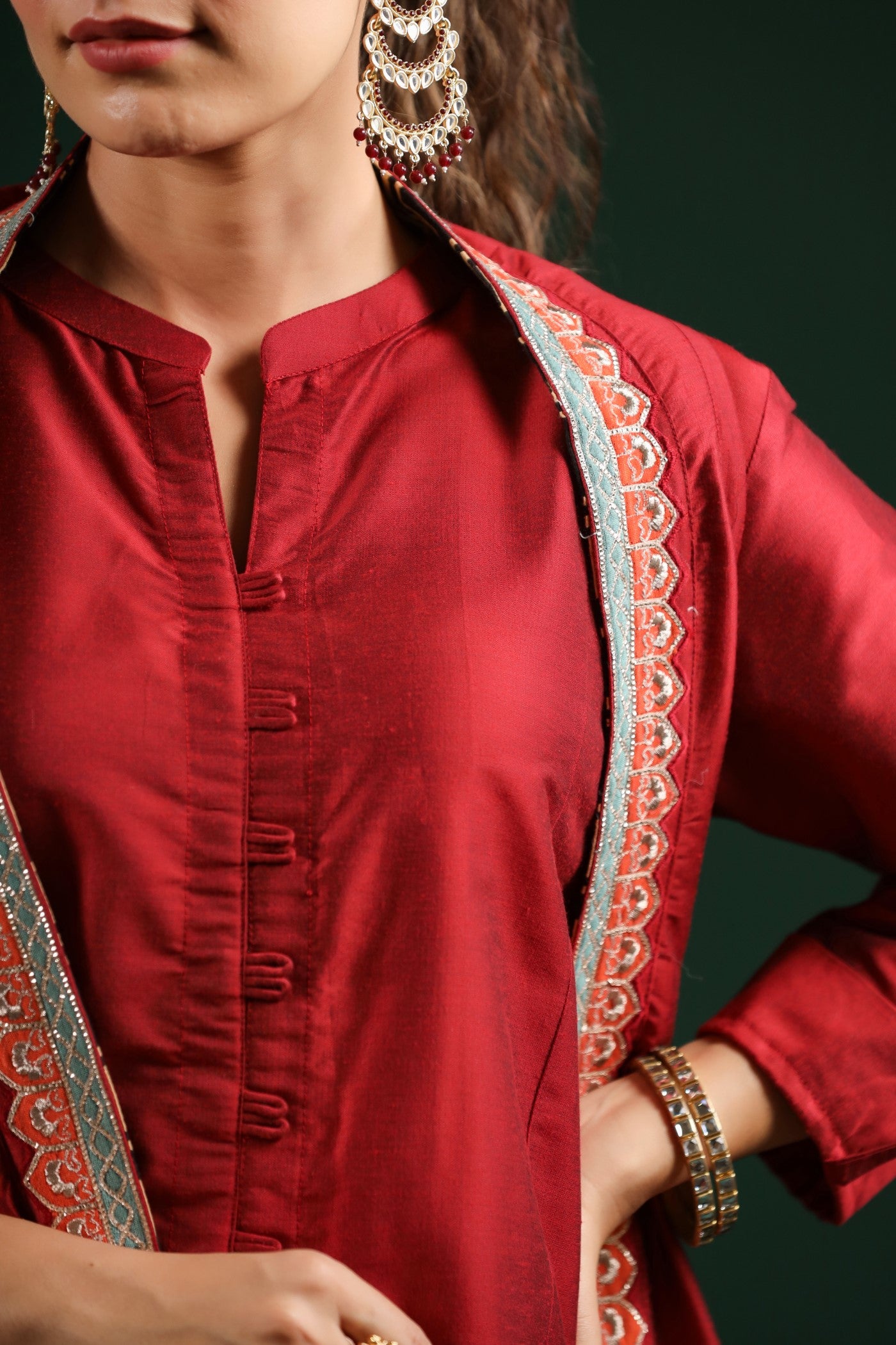 Maroon Ethnical Embroidered Dola Silk Cape Set