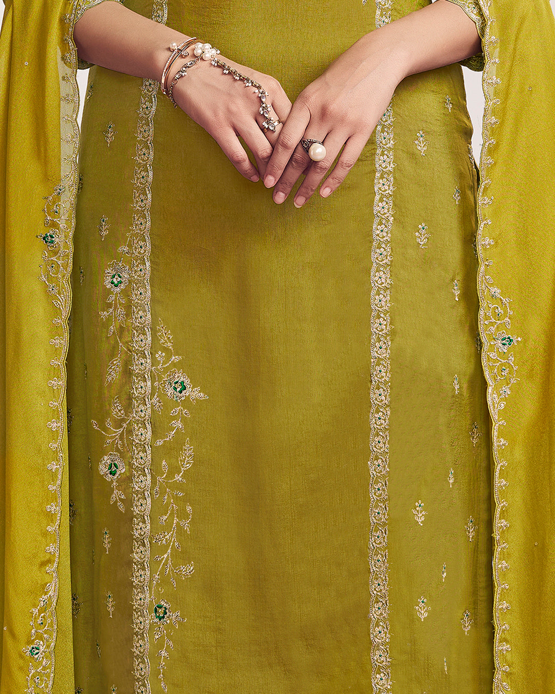 Sage Charm Embellished Dola Silk Pant Set