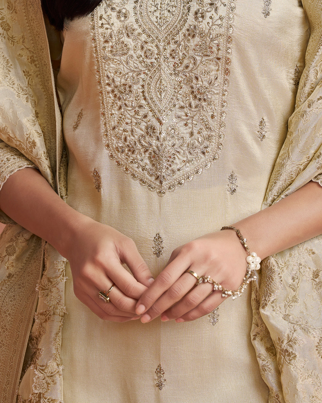 Champagne Allure Embellished Dola Silk Pant Set