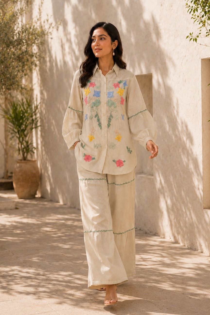 Beige Bloom Embroidered Linen Co-Ord Set