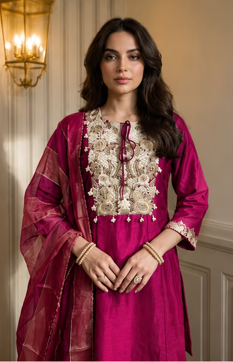 Light Magenta Embellished Raw Silk Palazzo Set