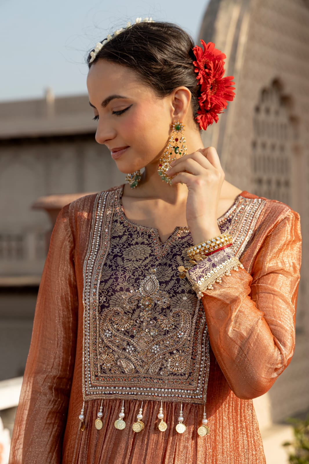 Peach Plum Embellished Shimmer Tissue Silk Pant Set