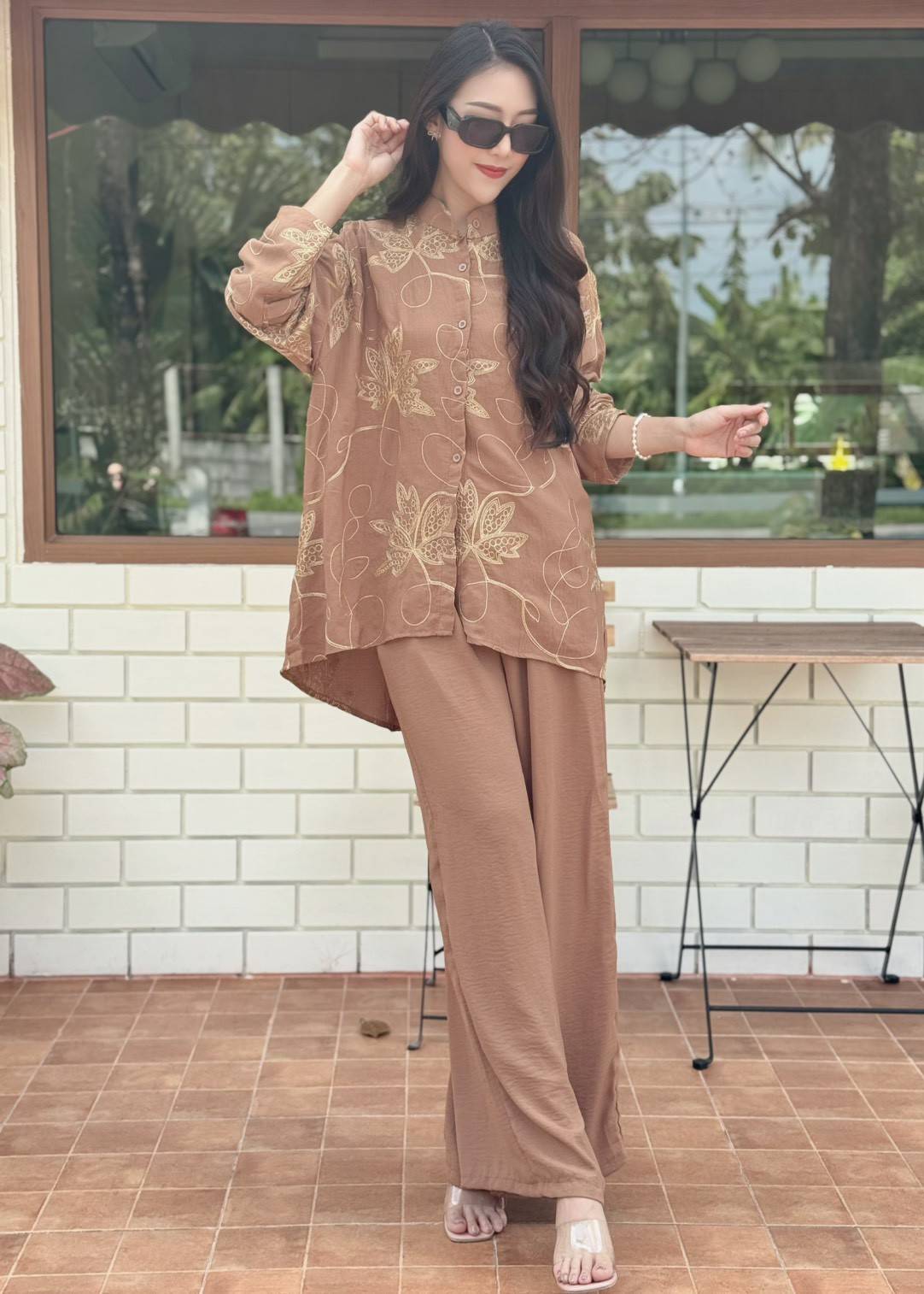 Tan Brown Embellished Crepe Silk Co-Ord Set