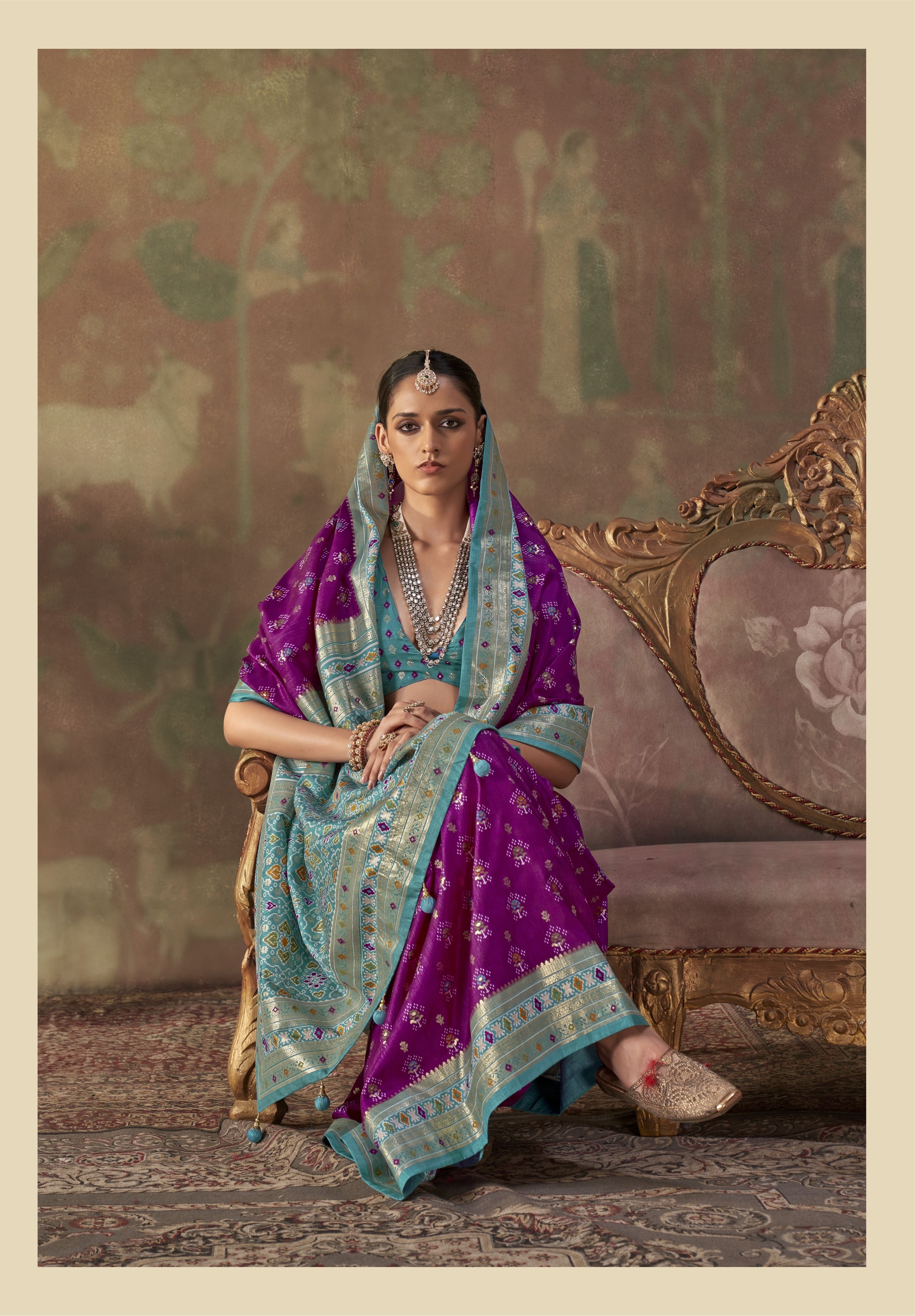 Purple Teal Printed Premium Silk Saree