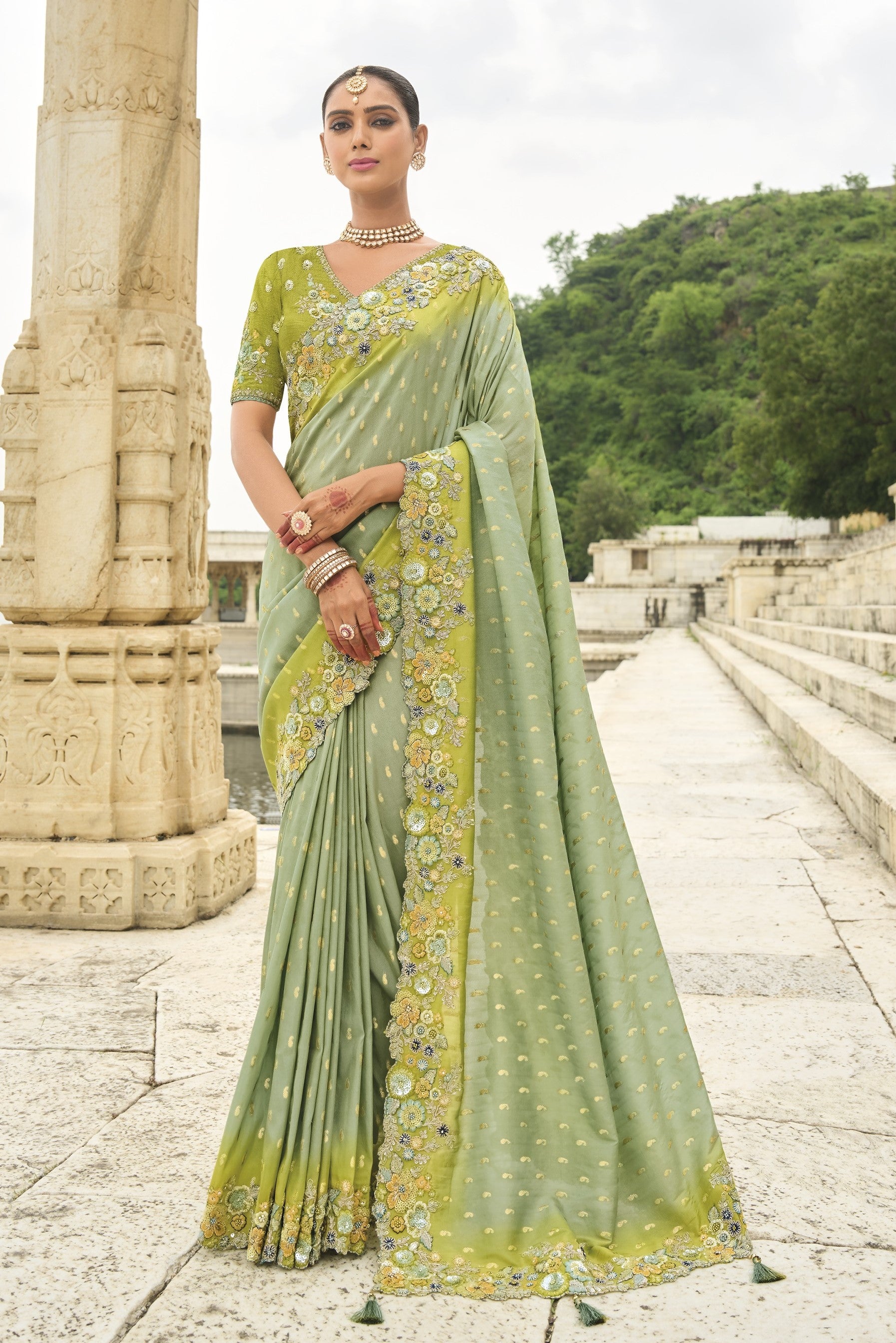 Pista Green Shaded Gadwal Silk Saree