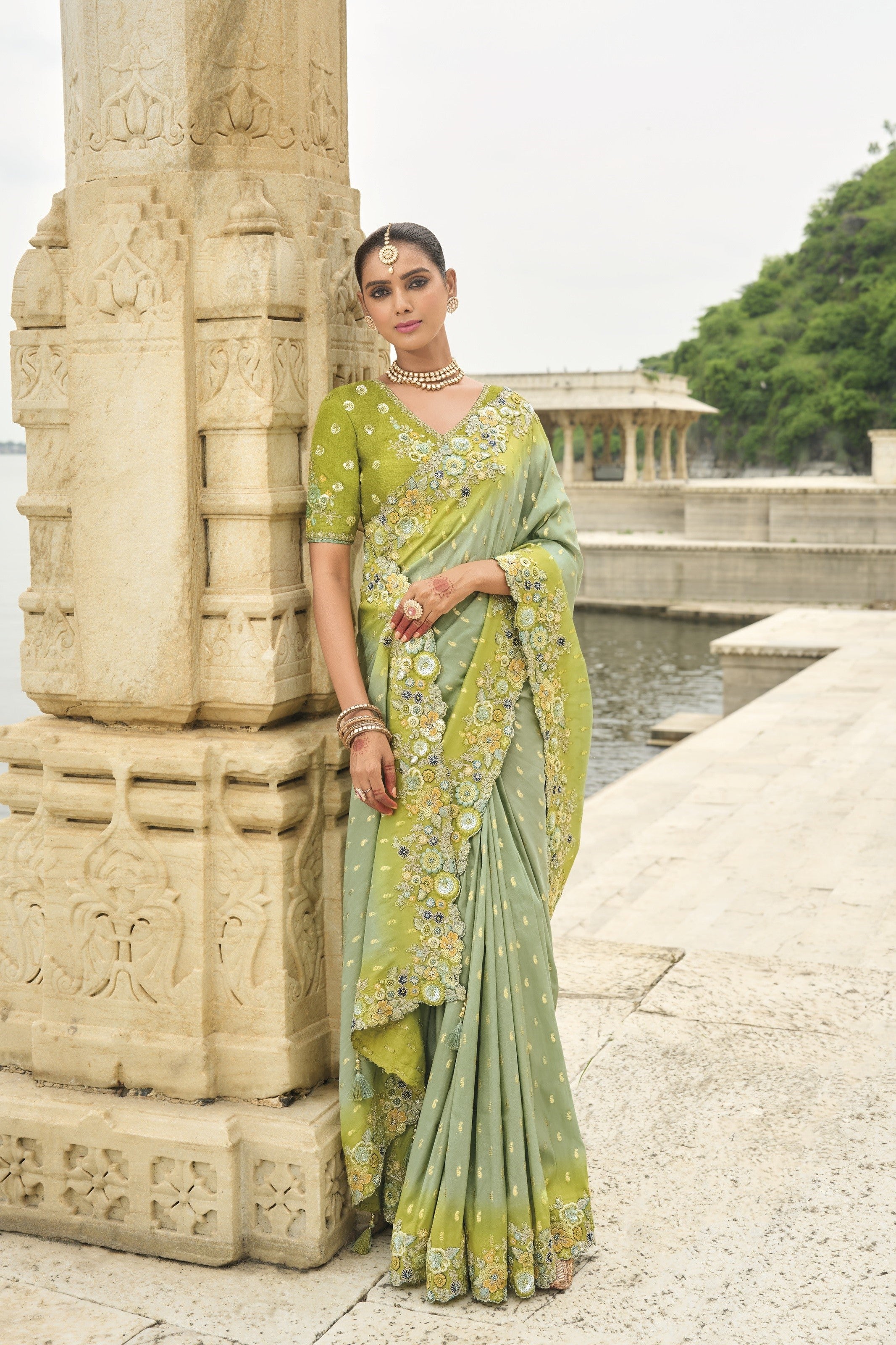 Pista Green Shaded Gadwal Silk Saree
