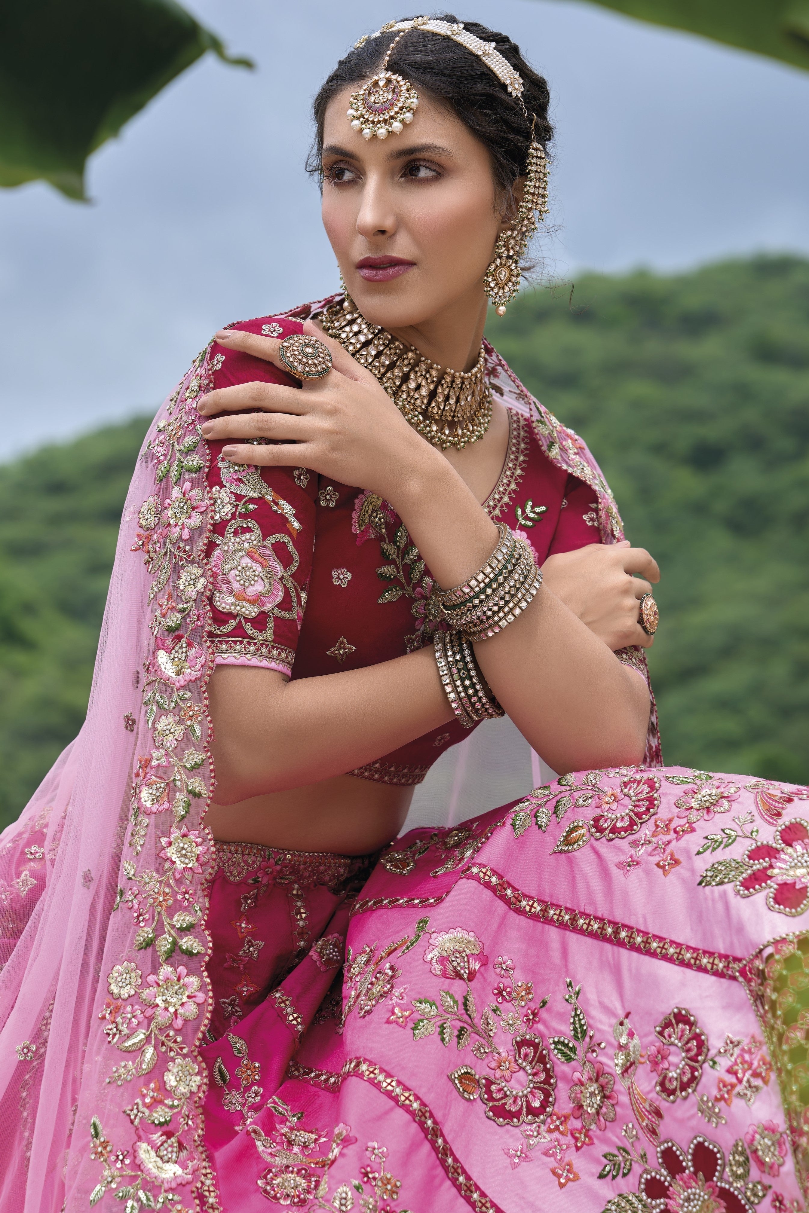Pink Traditional Embroidered Silk Lehenga