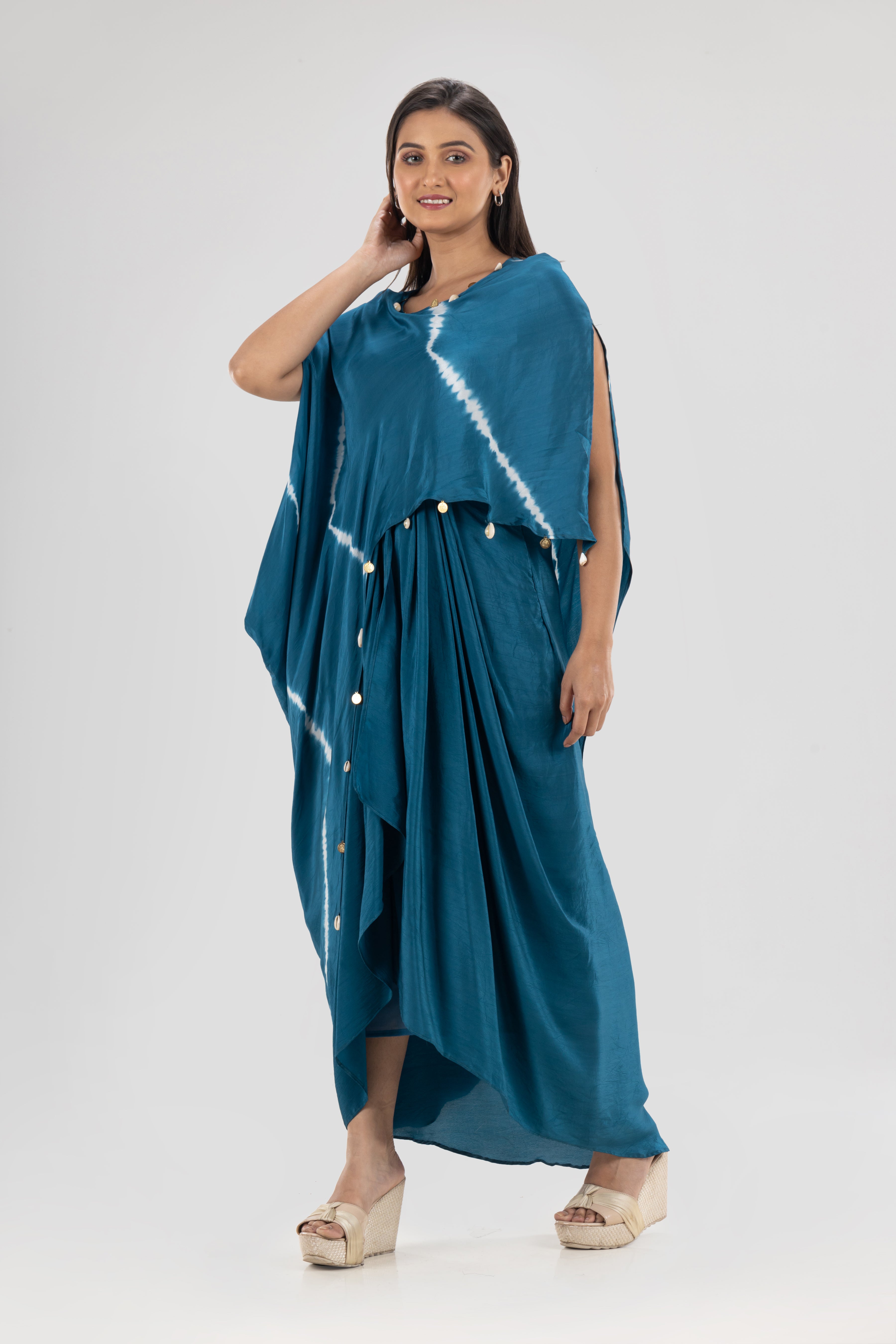 Blue Tie-dyed Tunic with Draped Skirt