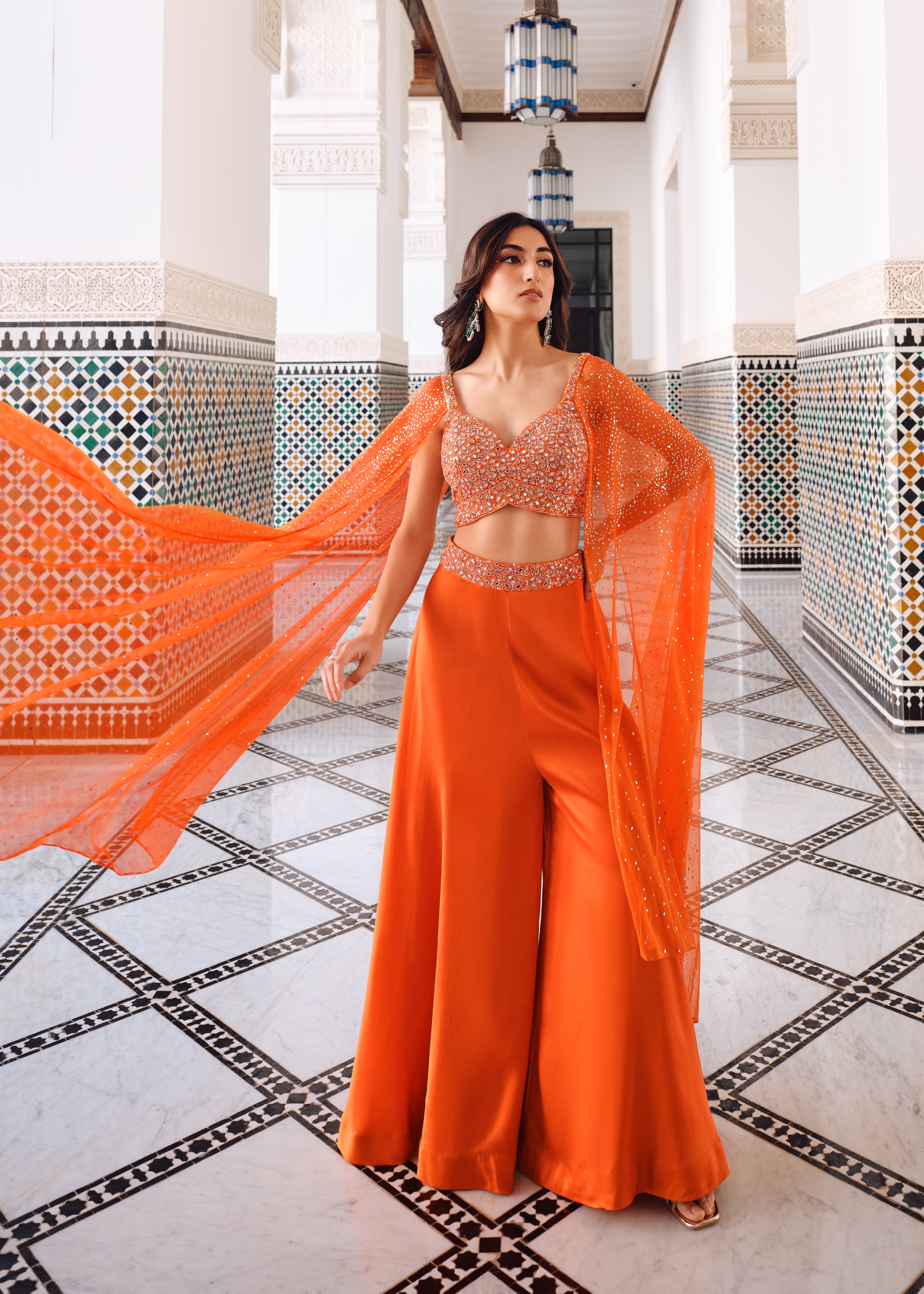 Bright Orange Embellished Premium Net Crop Top & Palazzo Set