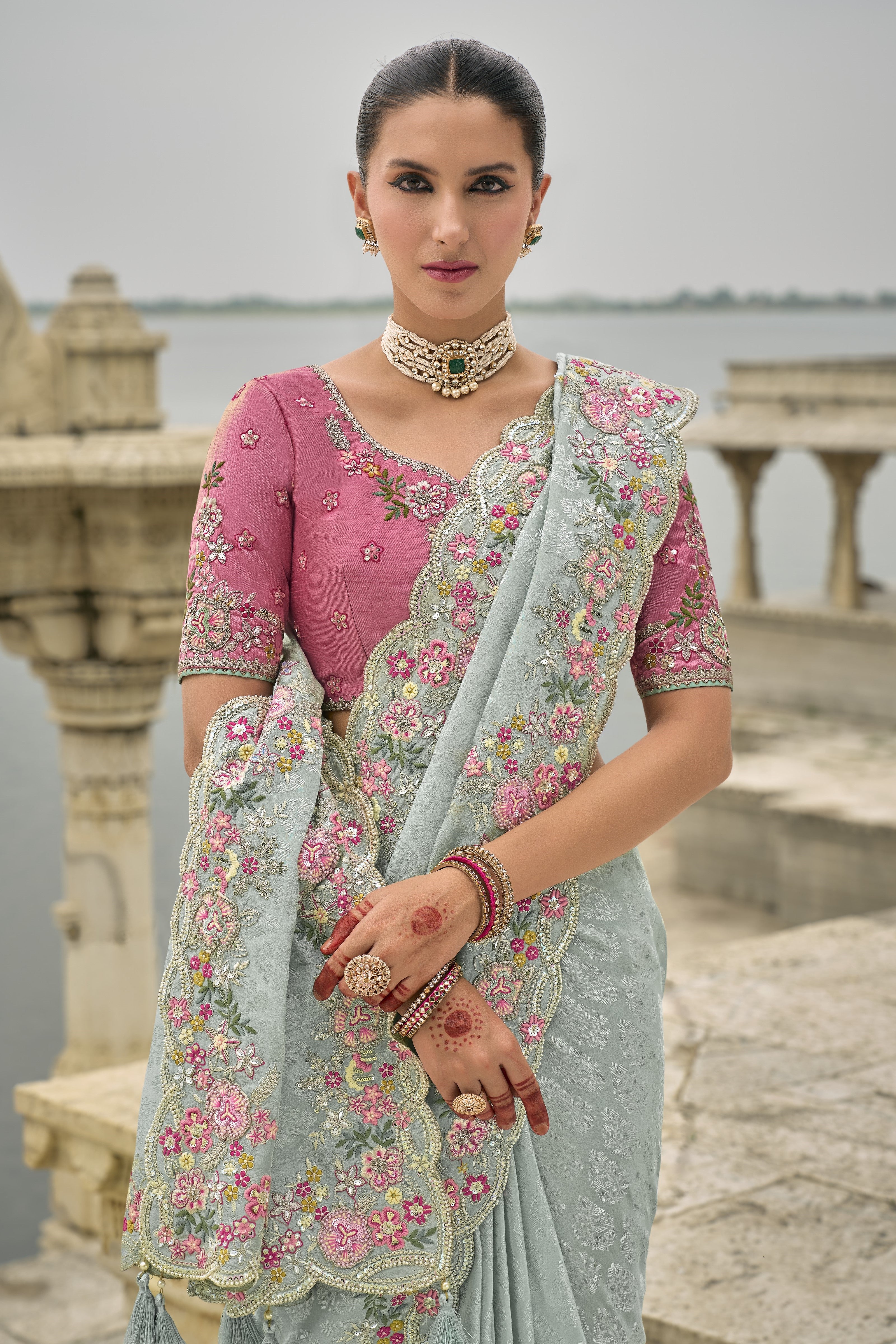 Pastel Blue Embroidered Pure Silk Saree