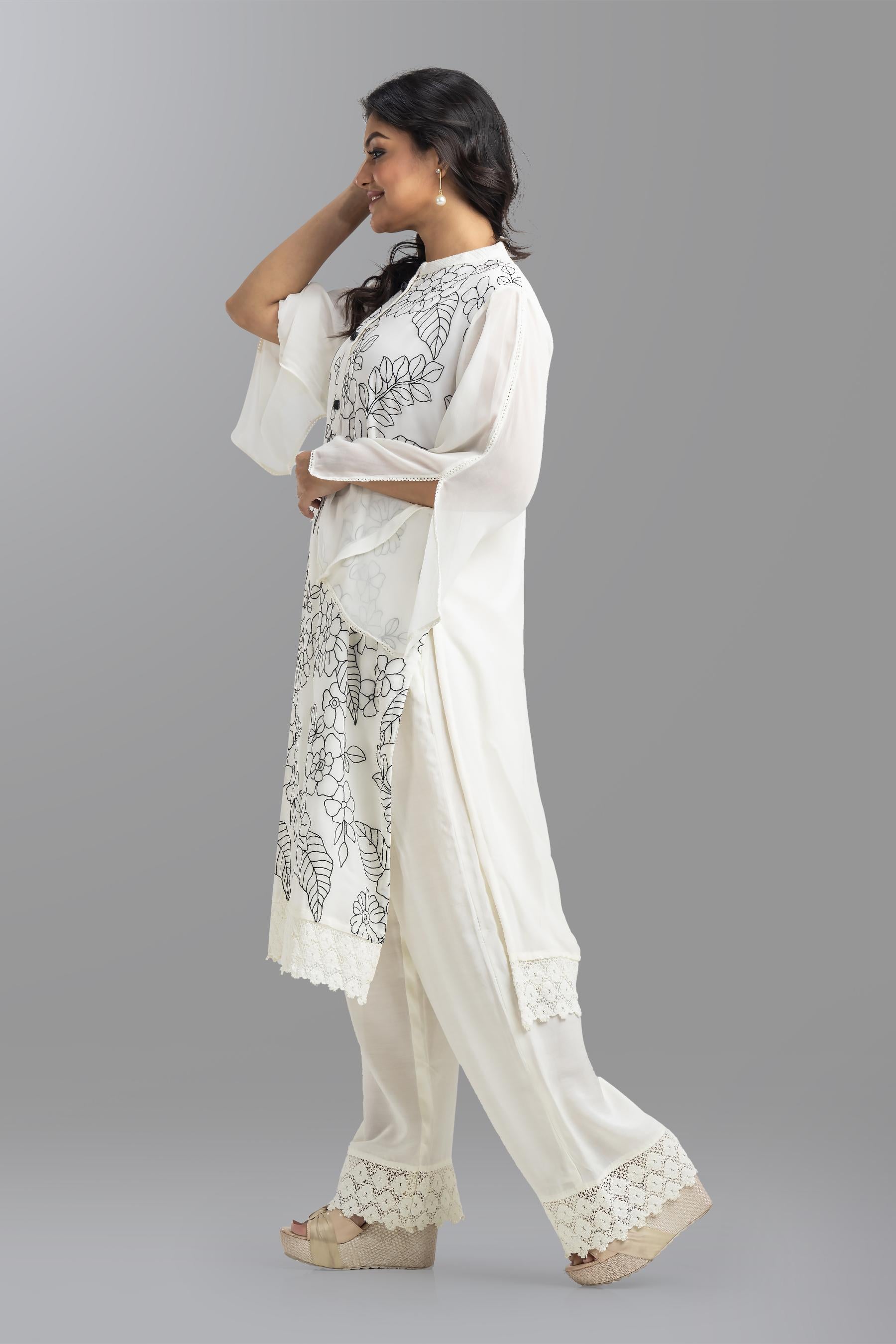 White Floral Embroidered Crystal Georgette Silk Pants Set