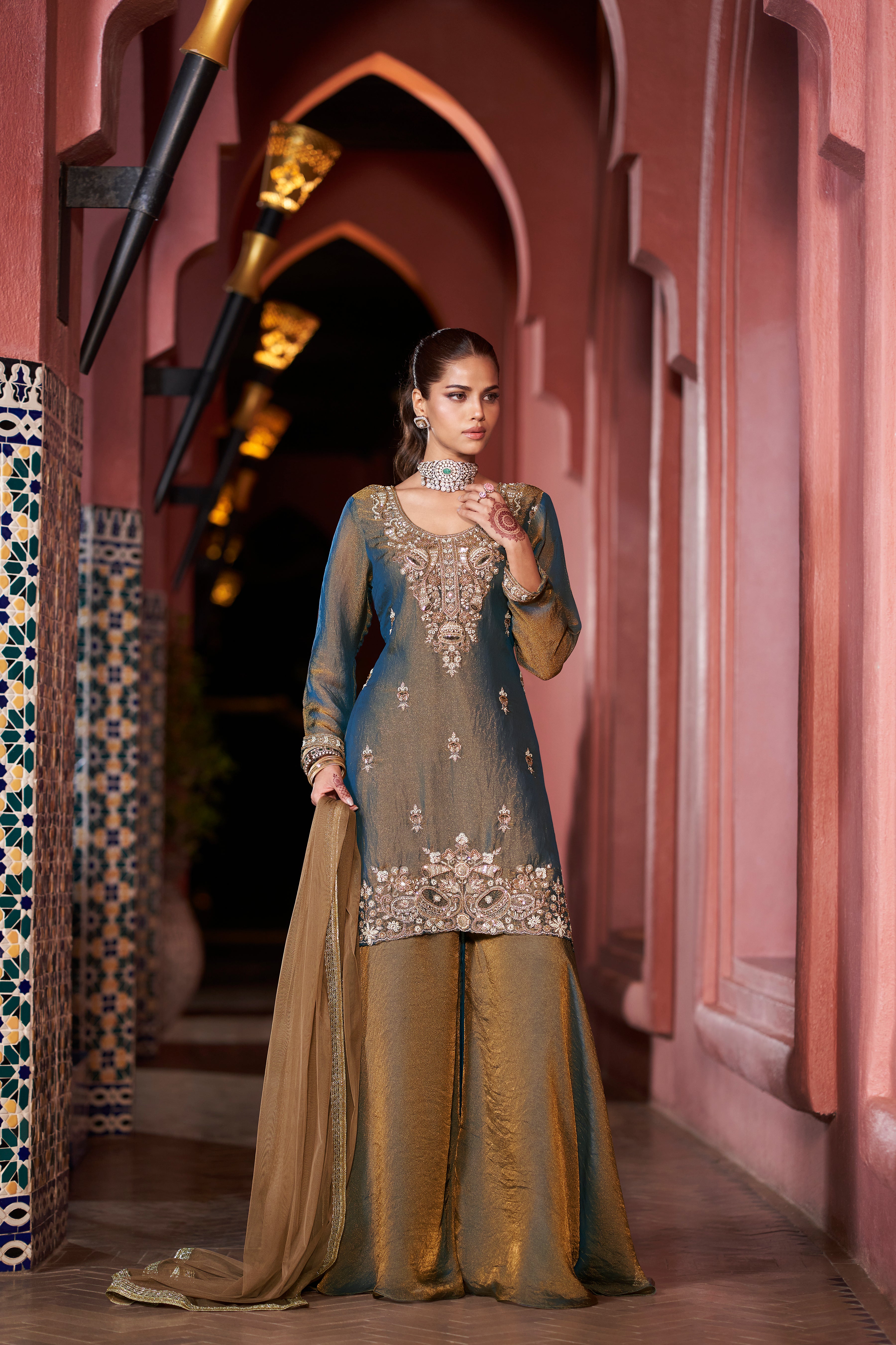 Oxidized Bronze Embellished Shimmer Tissue Silk Palazzo Set