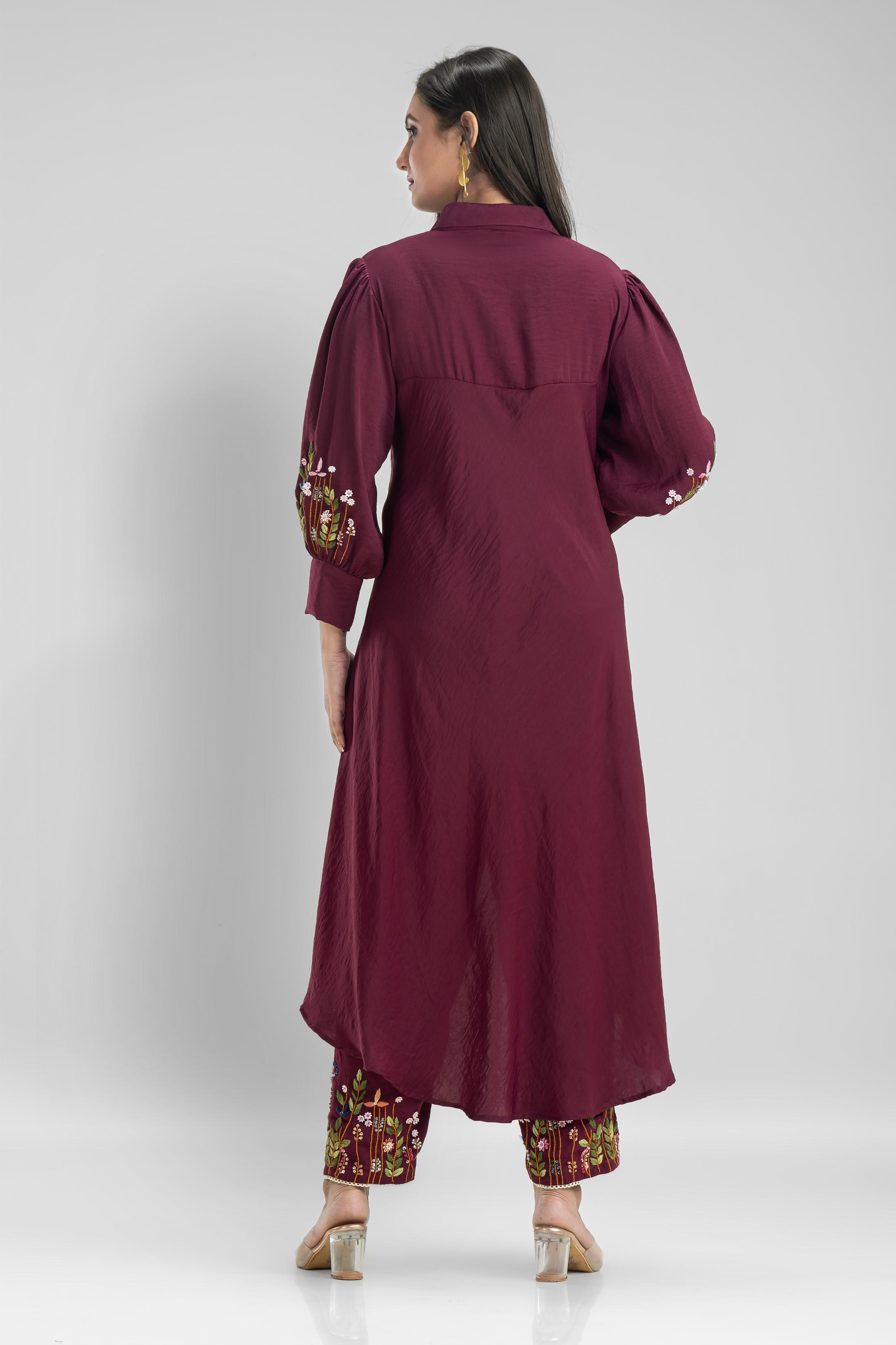 Wine Embroidered German Silk Co-Ord Set