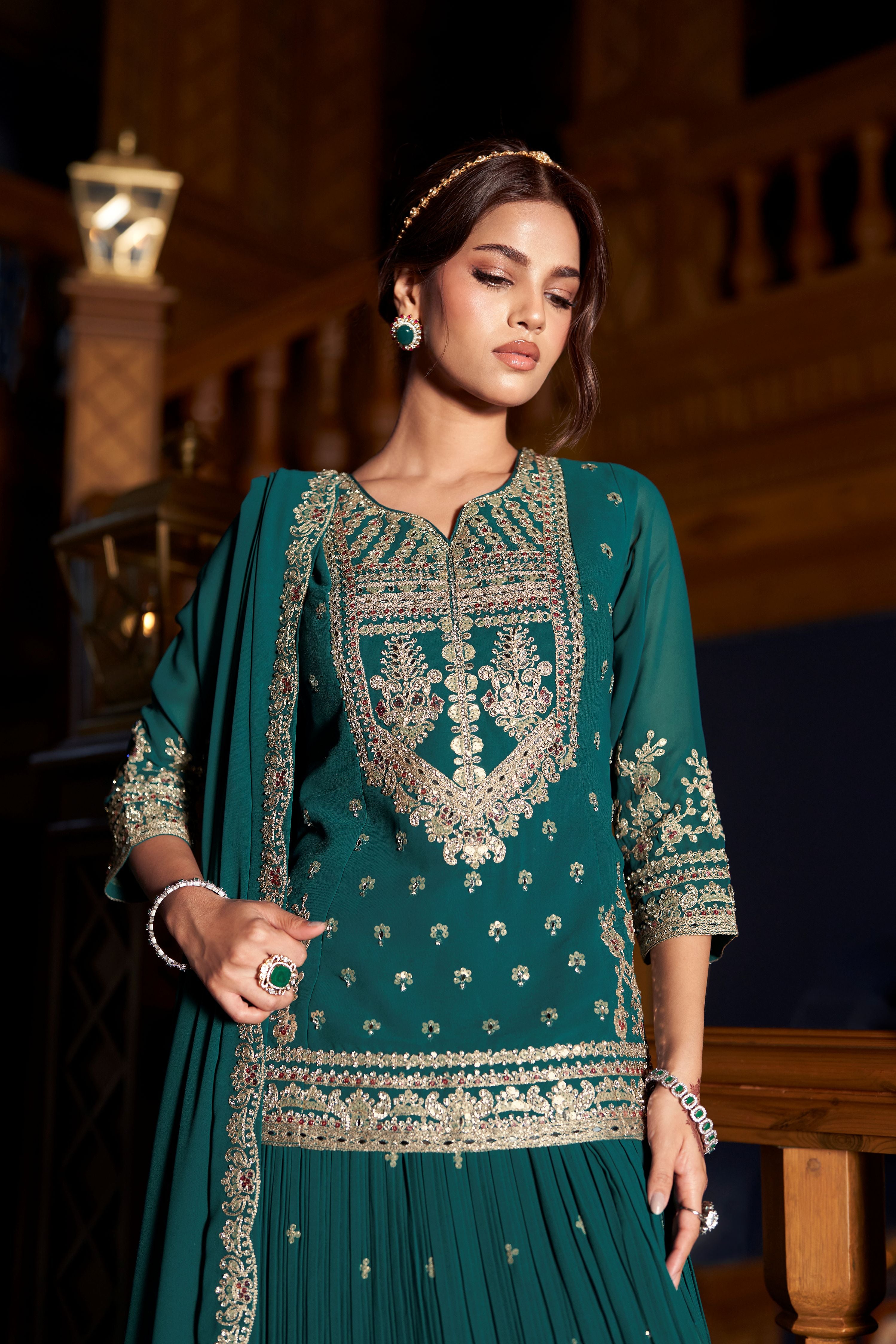 Teal Green Embellished Georgette Silk Skirt Set