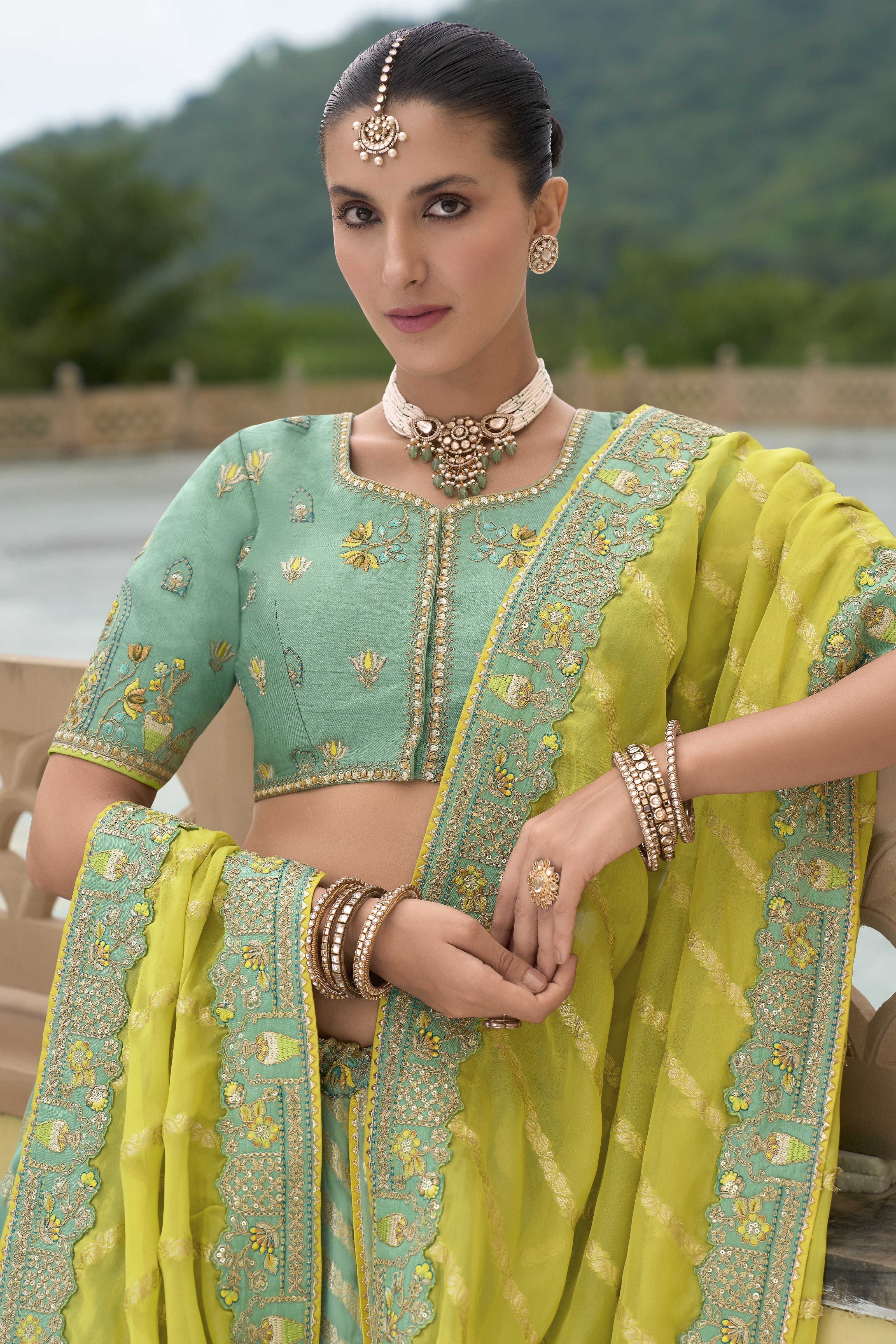 Sage Green Handwork Organza Silk Lehenga Set