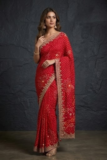 Crimson Bandhej Embellished Georgette Saree