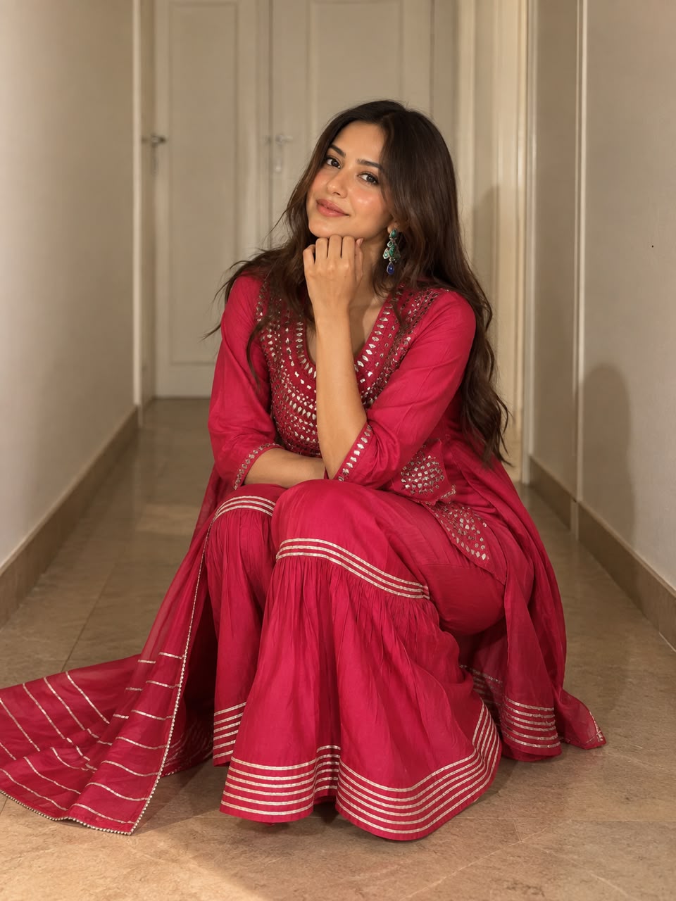 Bright Pink Embellished Crepe Silk Sharara Set