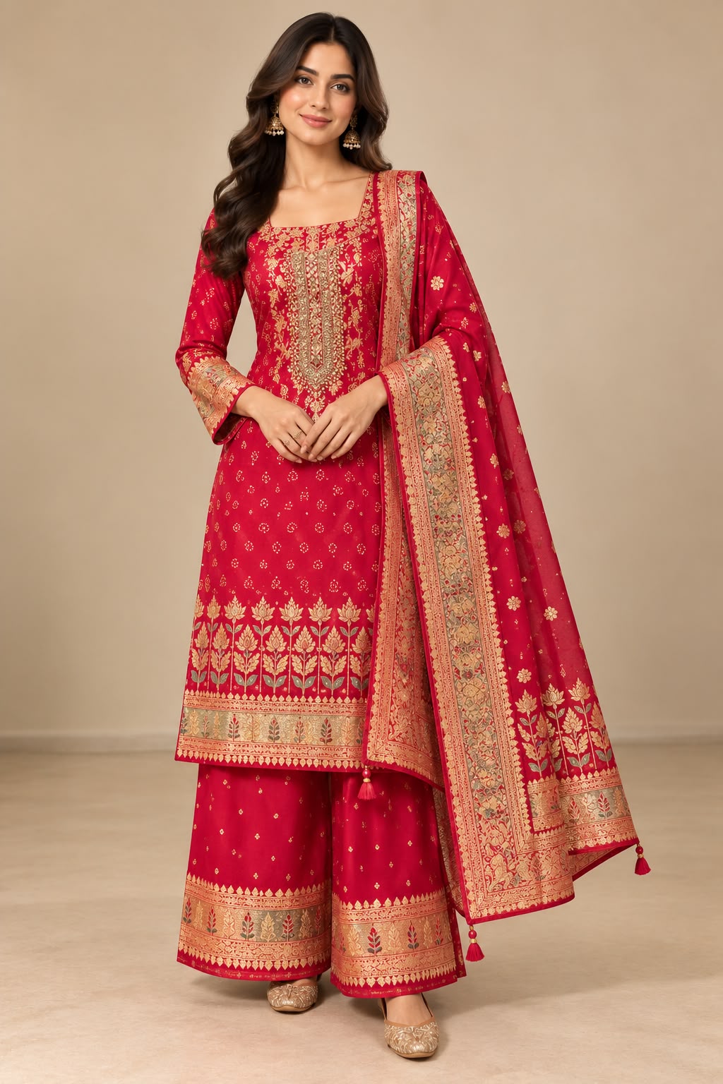 Magenta Red Embellished Viscose Silk Unstitched Suit Set