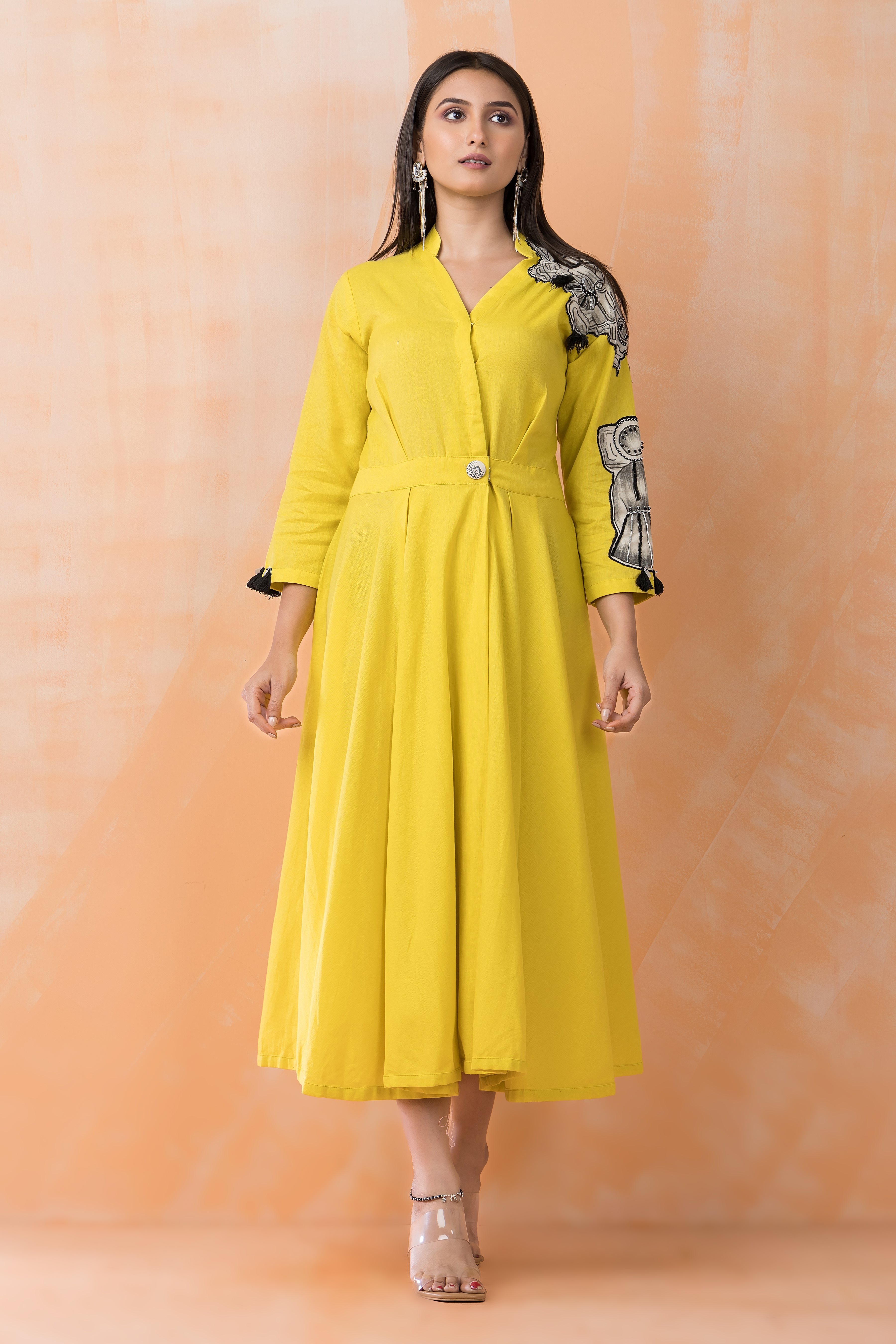 Yellow Patchwork Embellished Cotton Dress