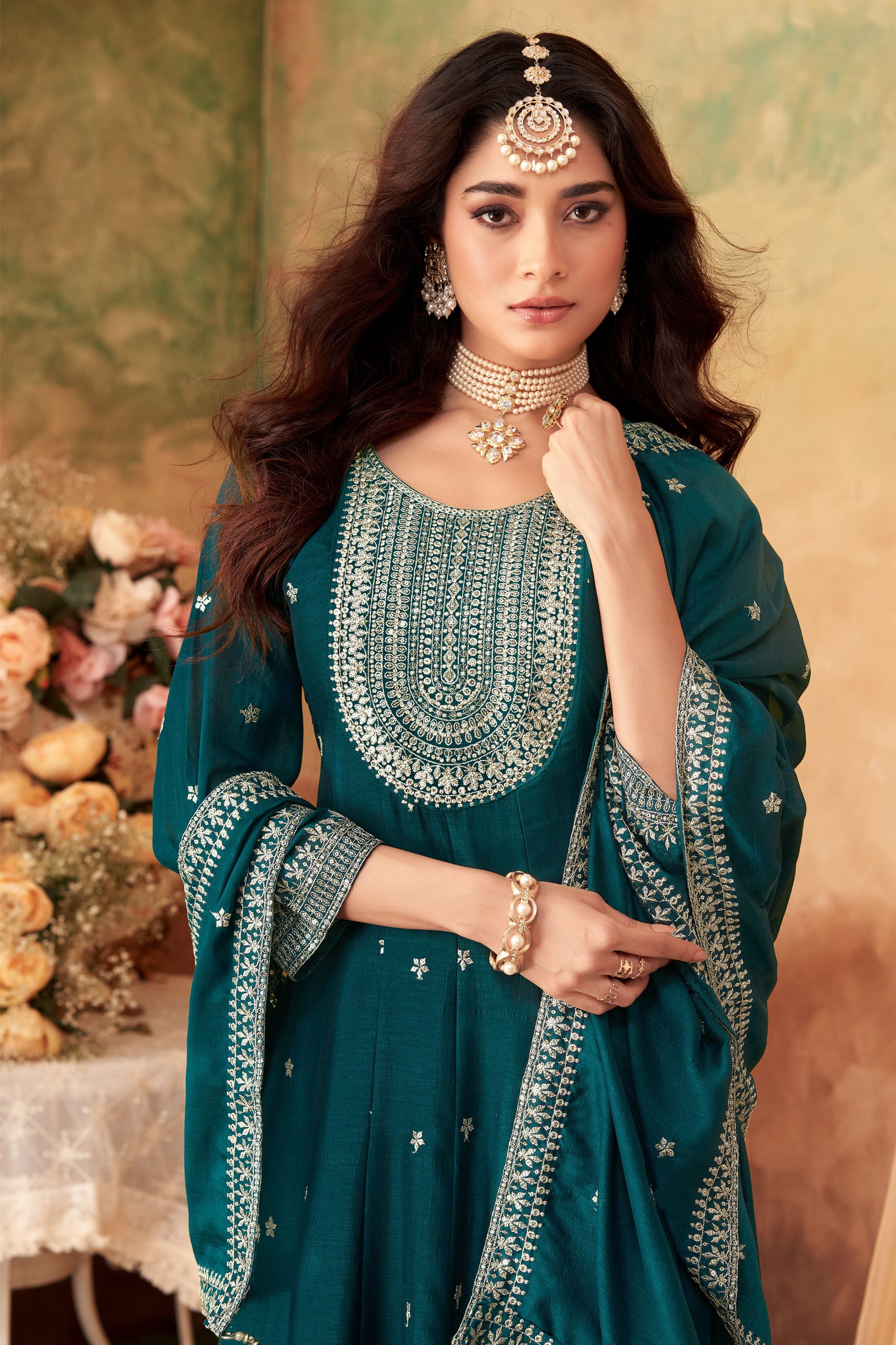 Teal Green Embellished Belgium Silk Anarkali Set