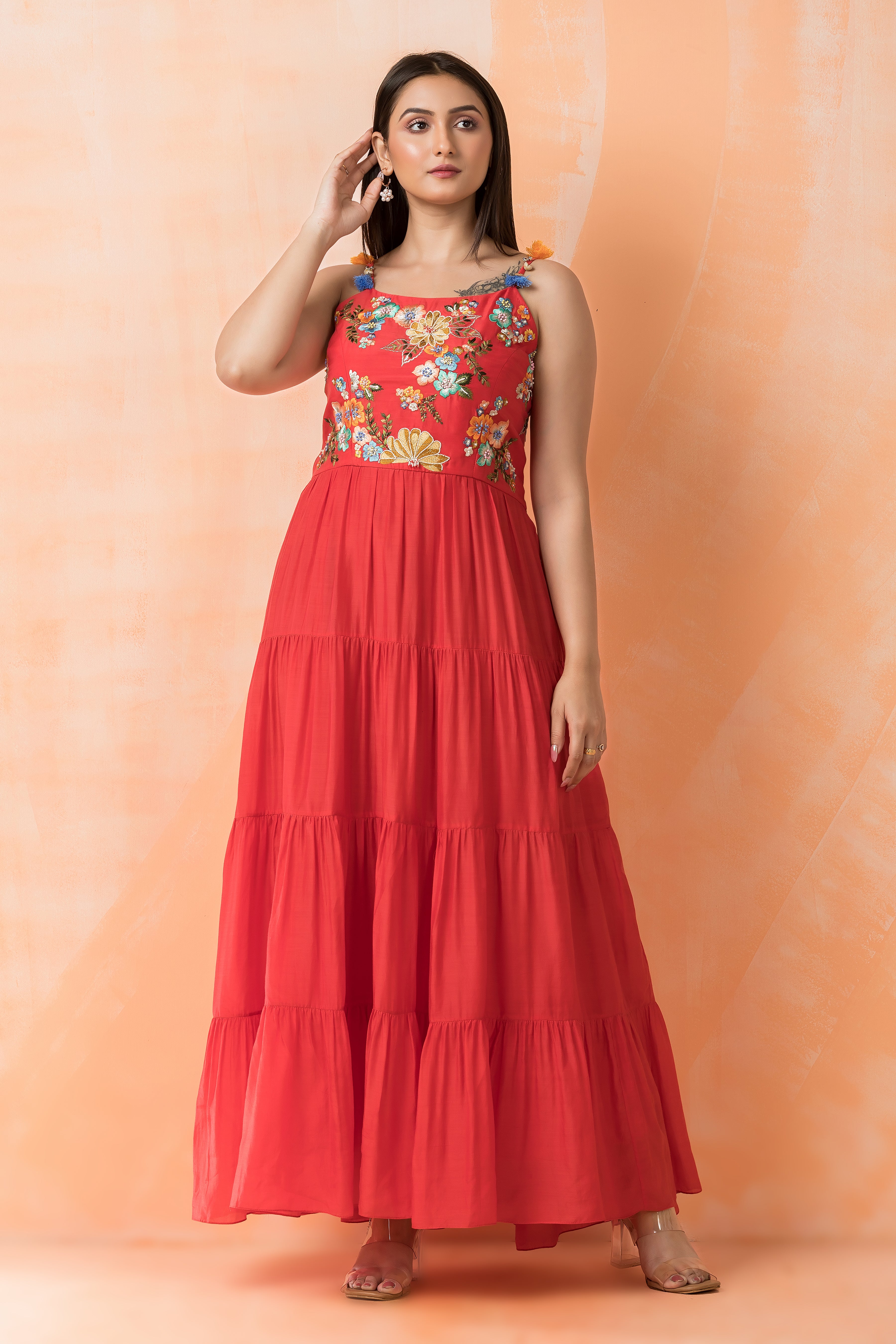 Red Mul-Cotton Tiered Dress