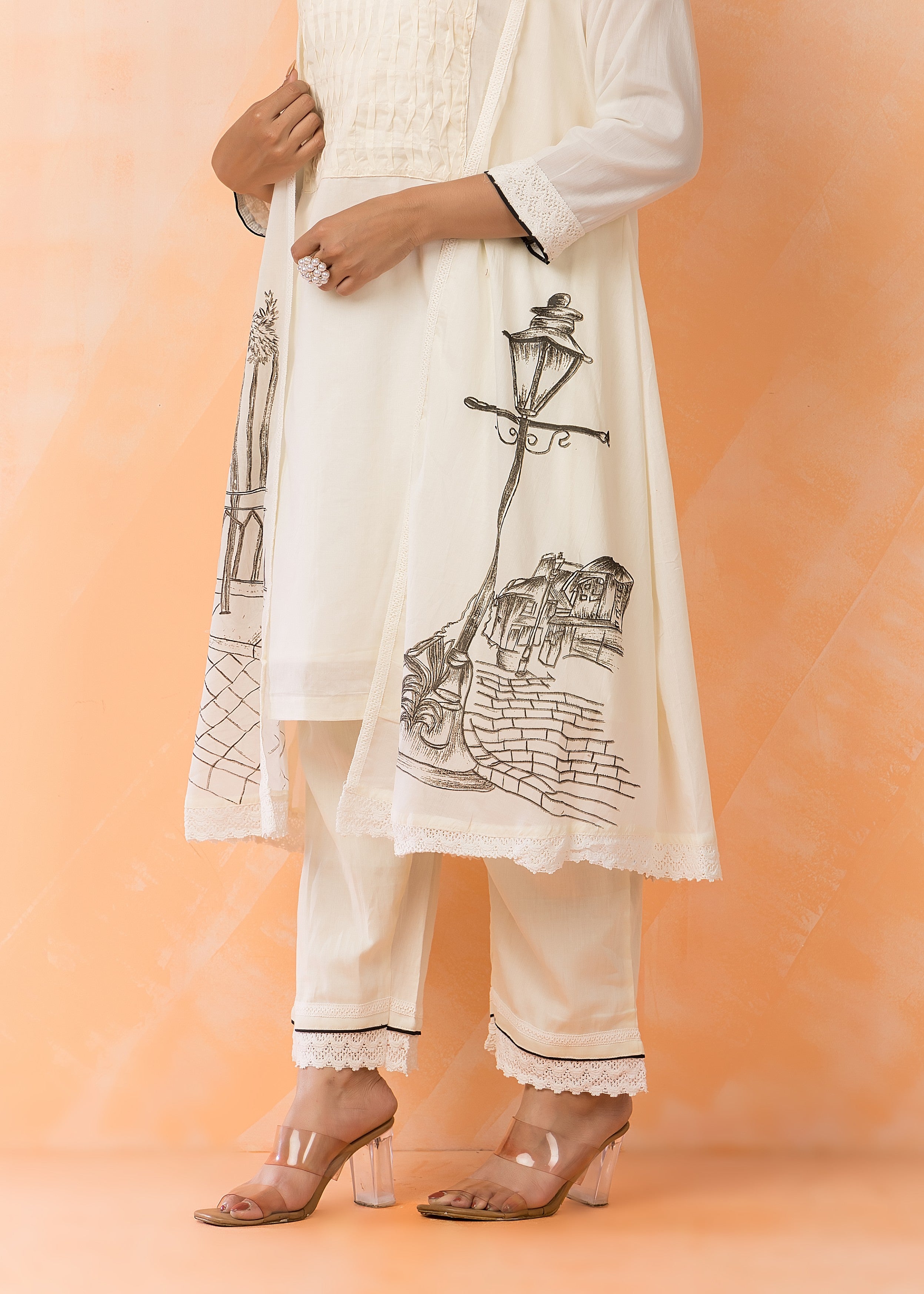 White Printed Mul Chanderi Pant Set